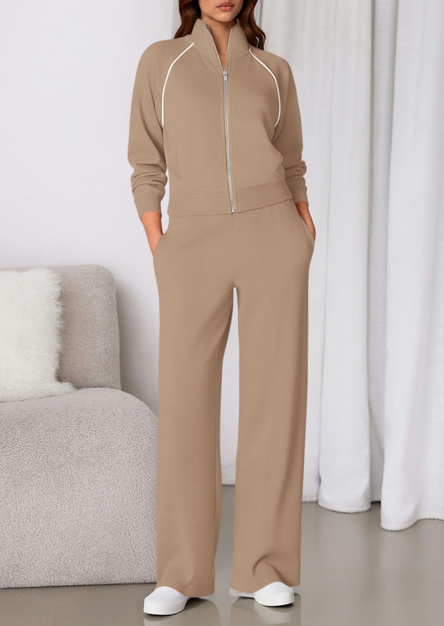 Women's 2 Piece Outfits Sweatsuits Lounge Sets,Khaki,S
