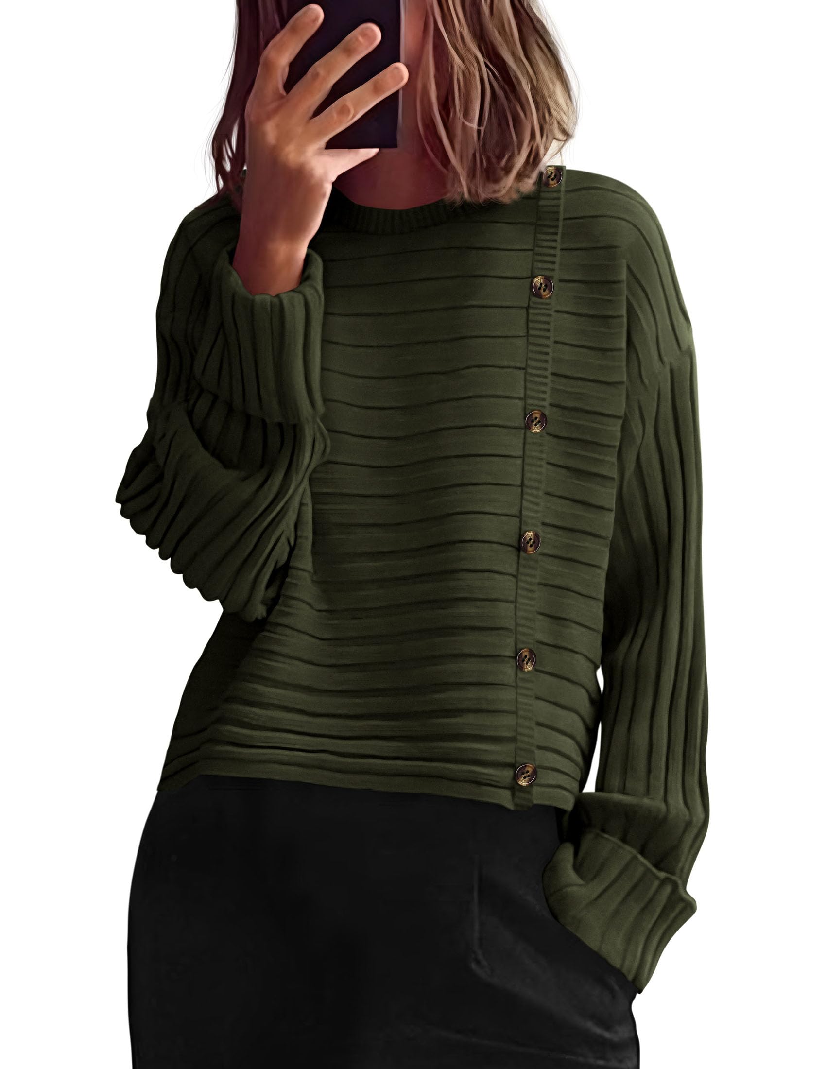 Womens Asymmetric Button Long Sleeve Sweater,Army Green,S