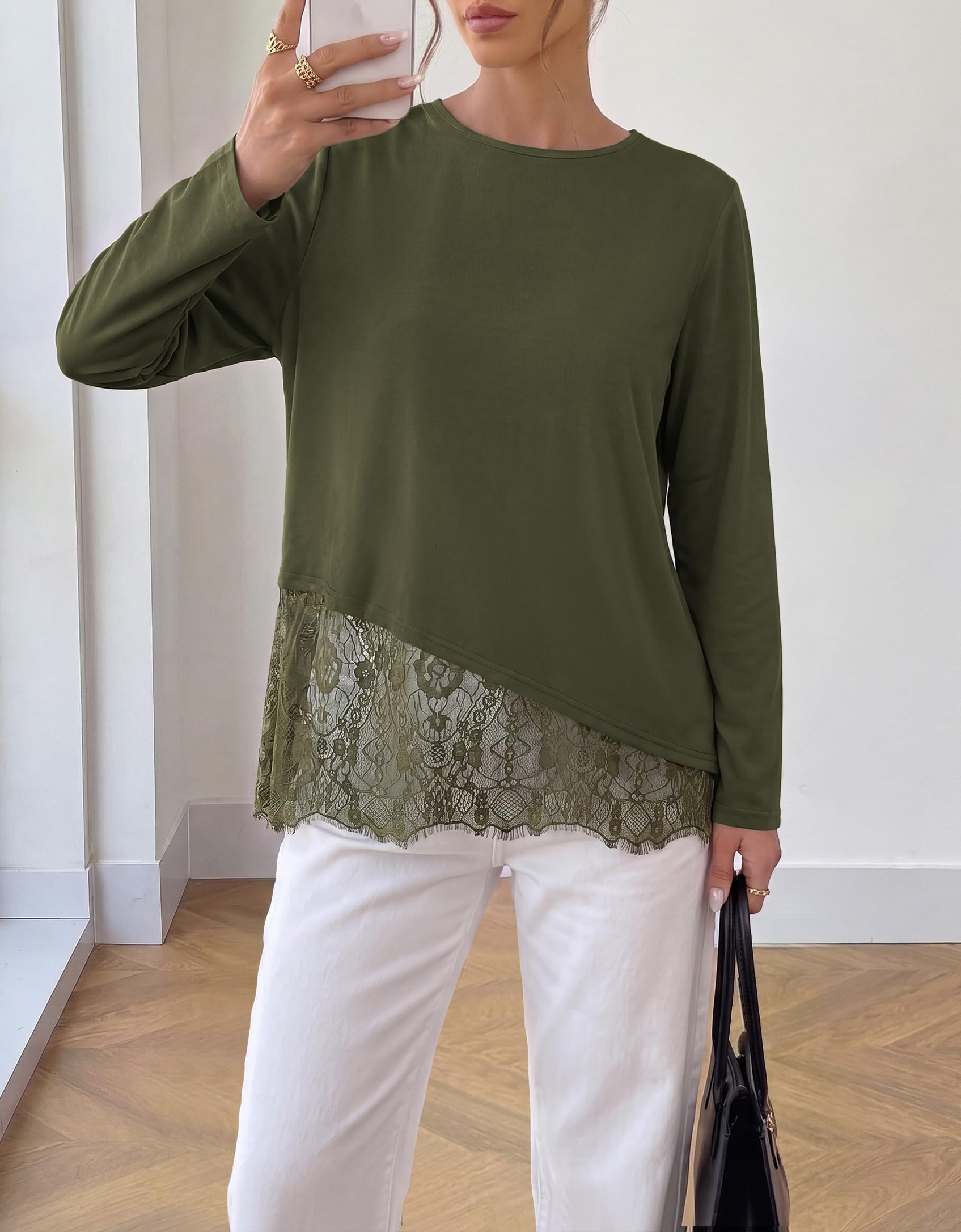 Women's Lace Patchwork Long Sleeve Shirts,Army Green,S
