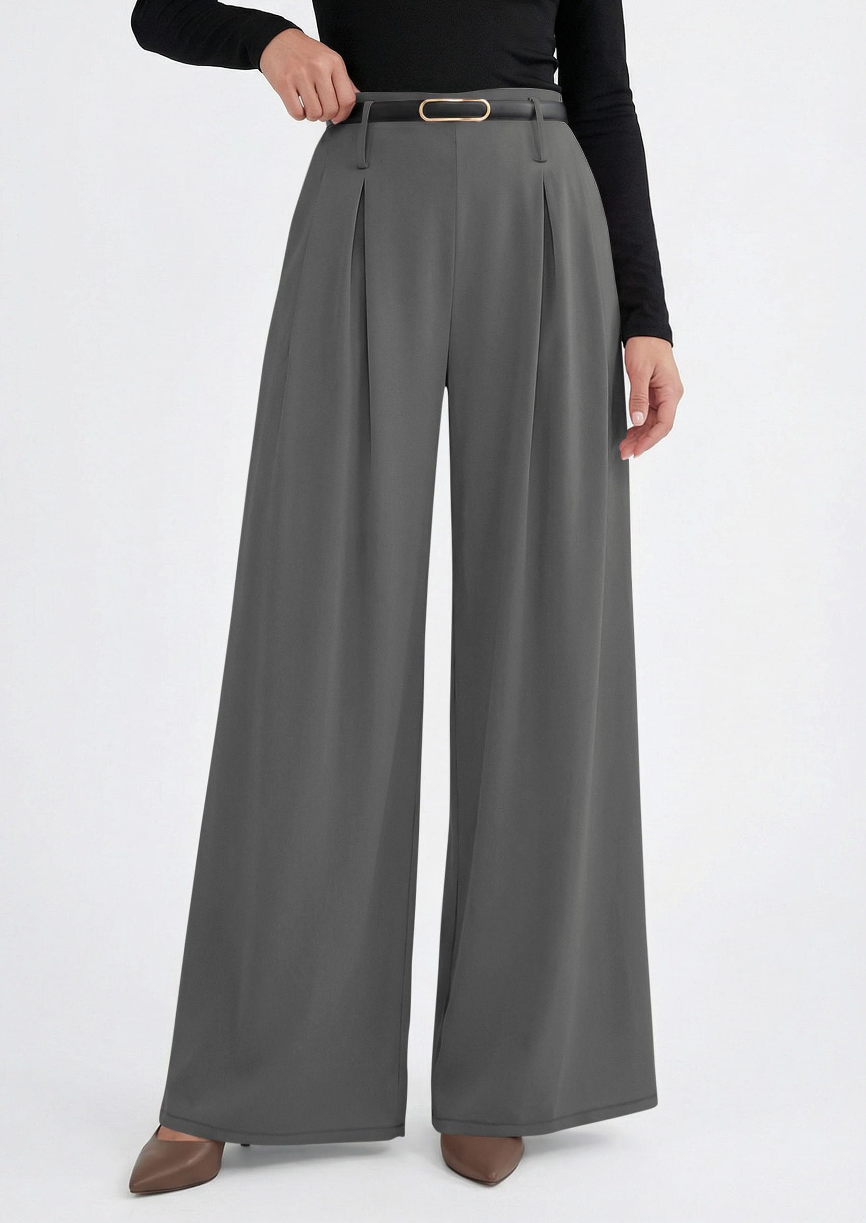 Womens Wide Leg Dress Pants Flowy Trousers,Grey,S