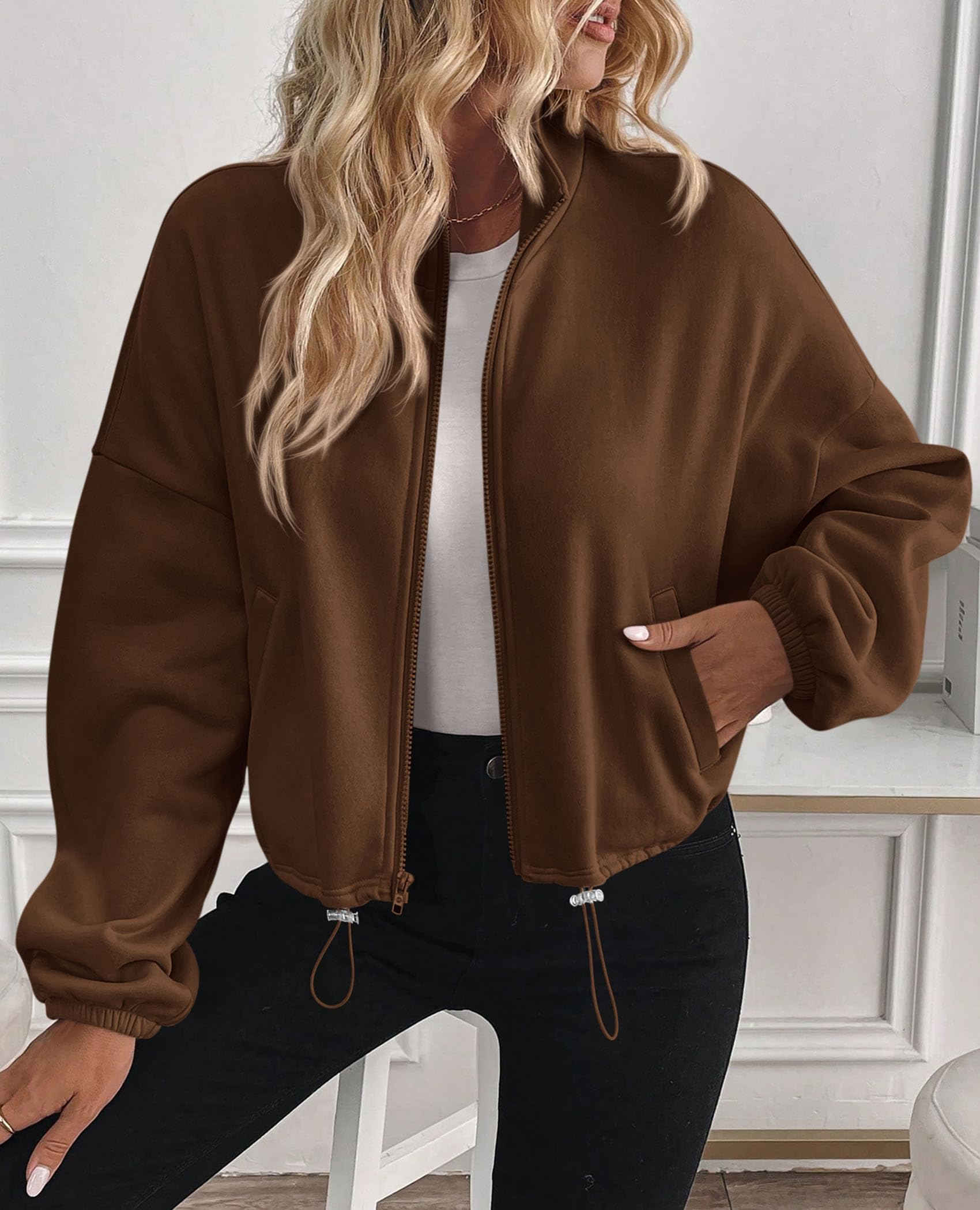 Women's Cropped Jacket Zip Up Fleece Sweatshirt Fall Outfits