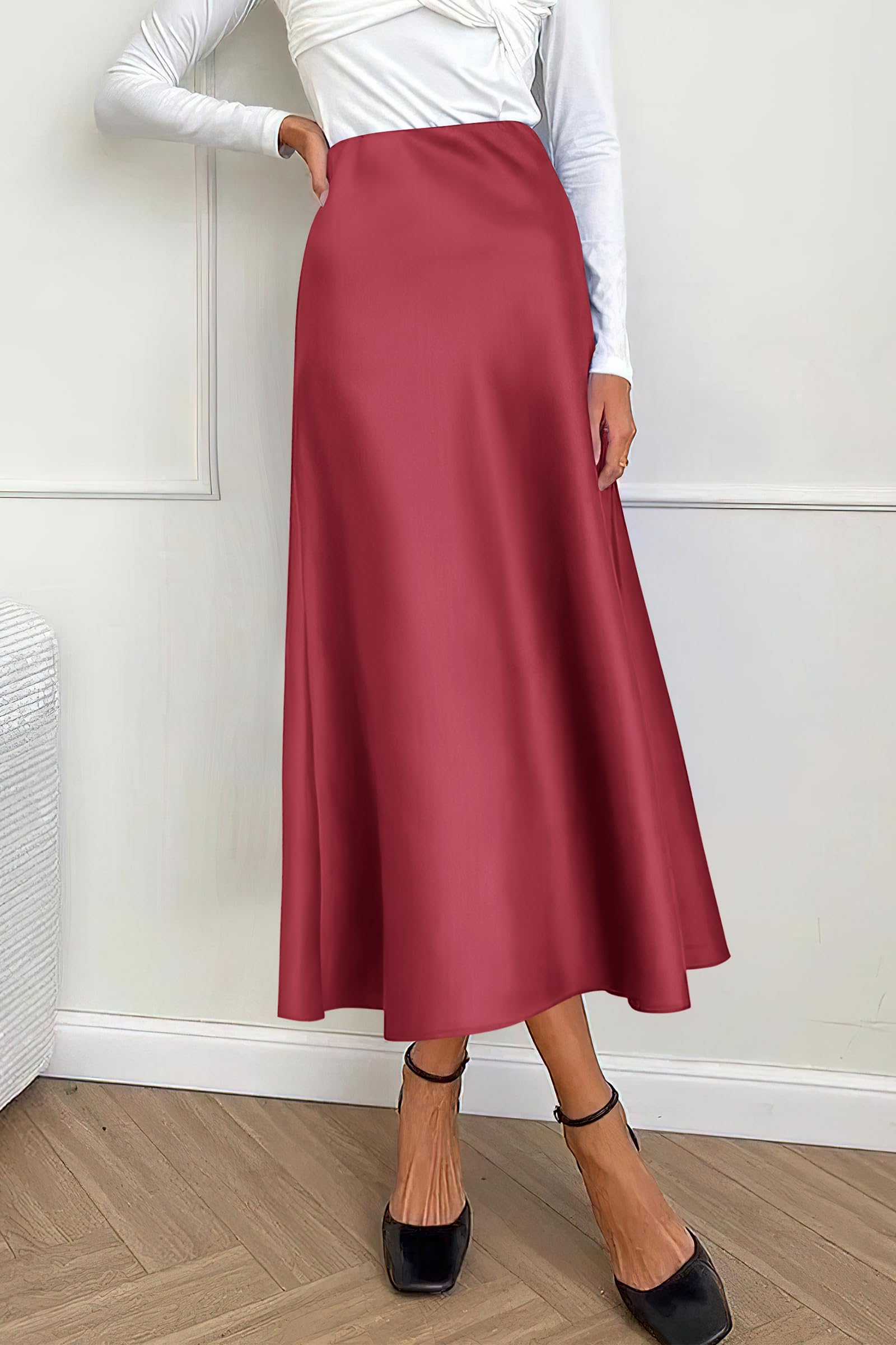 Women's Satin Midi Skirts Dressy Casual,Bean Paste Pink,S