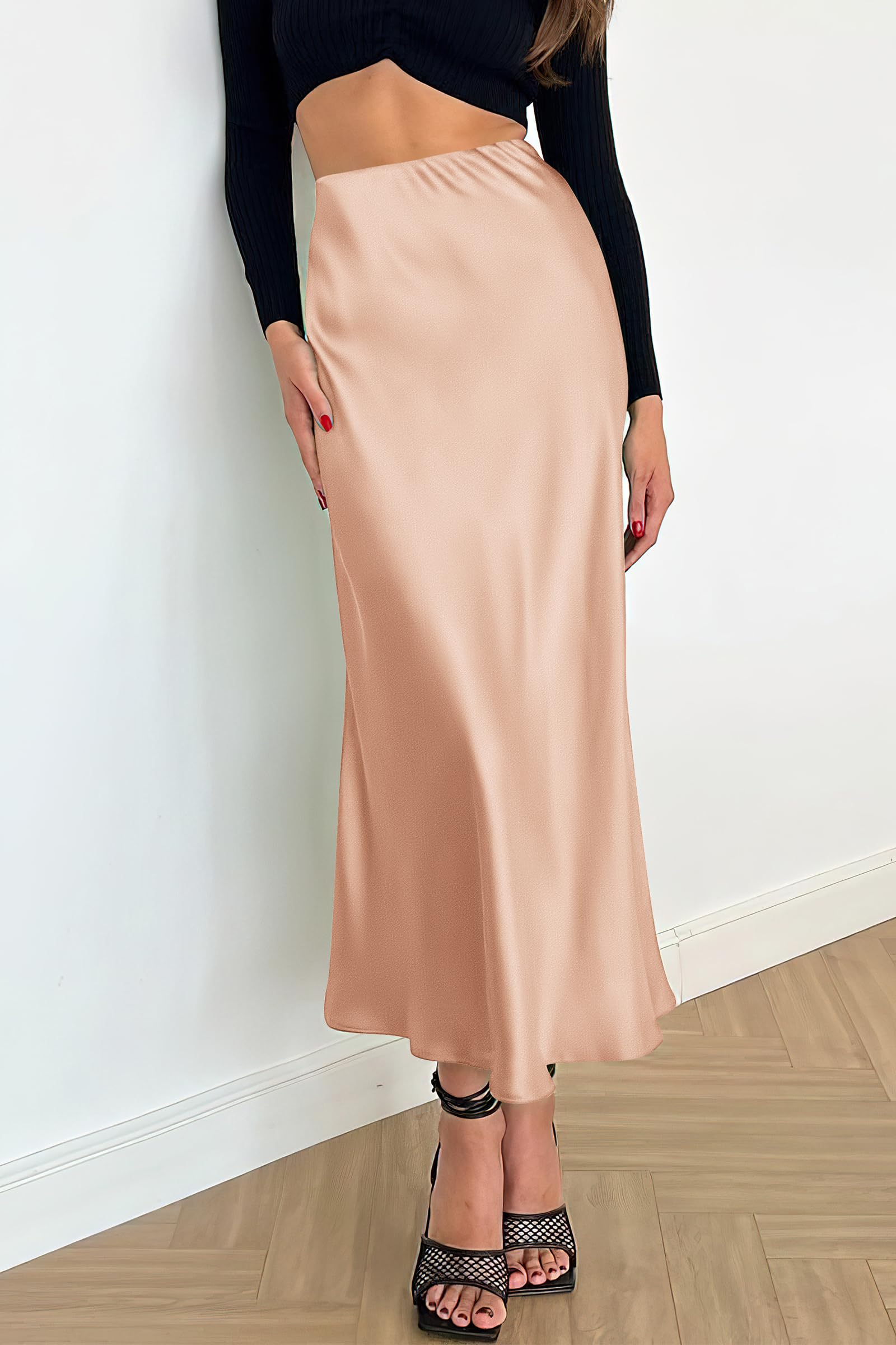 Women's Satin Midi Skirts Dressy Casual,Champagne,S