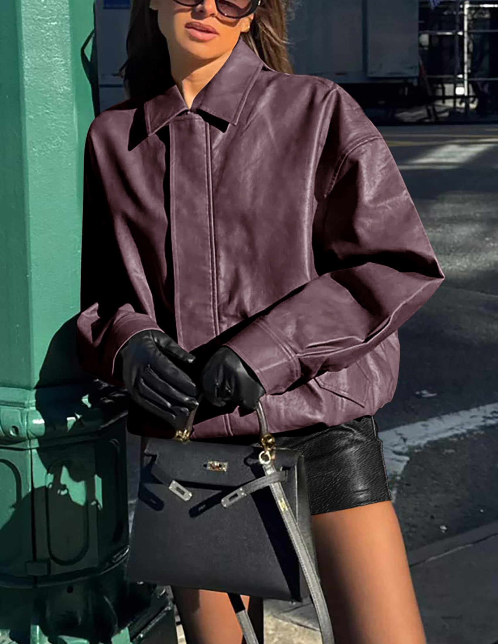 Women's Faux Leather Motorcycle Jackets(Purple,Small)