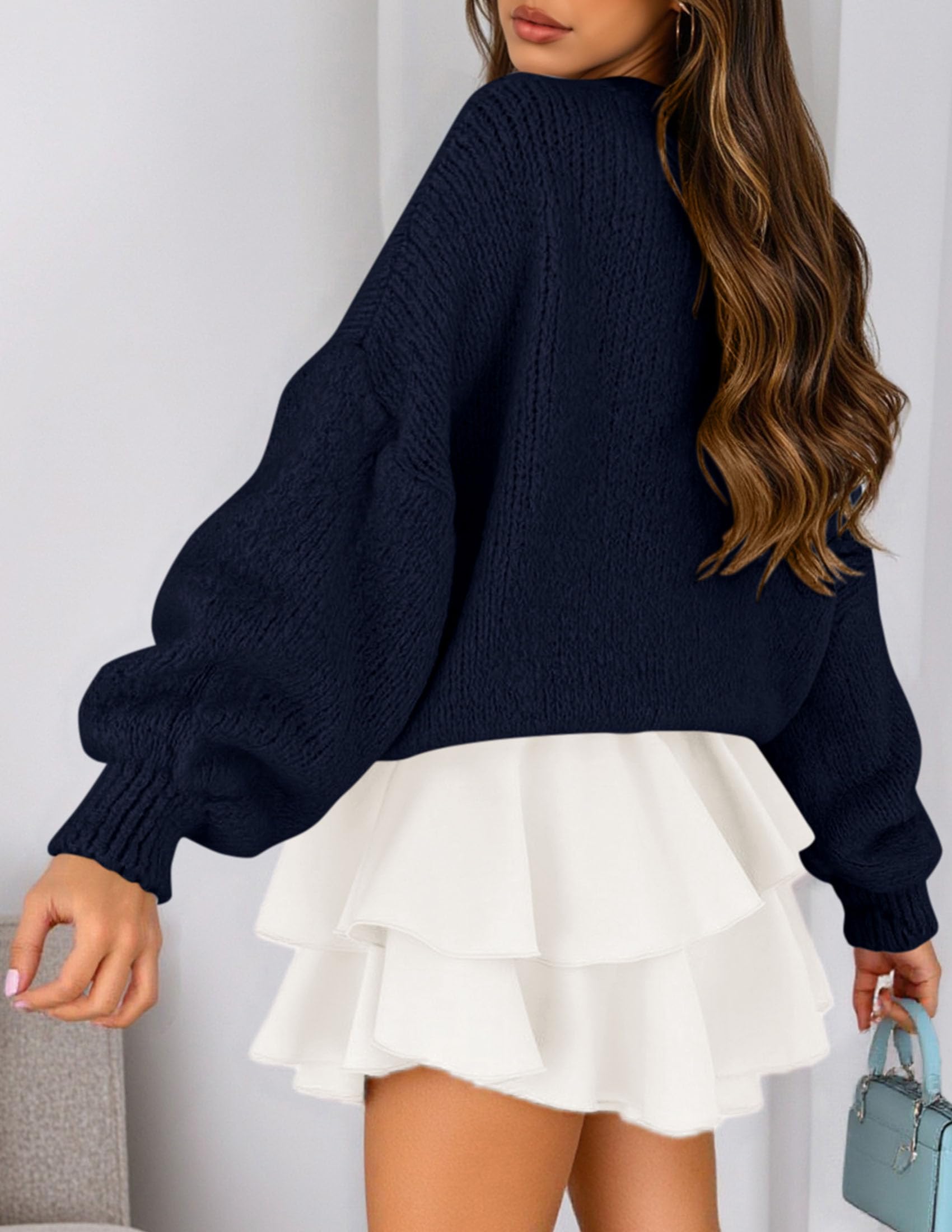 Women's Chunky Knit Oversized Pullover Sweaters,Navy Blue,S