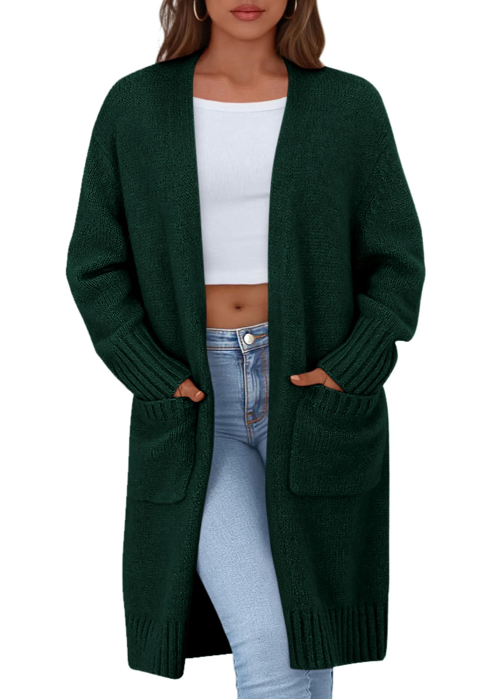 Open Front Cardigan Sweaters for Women,Dark Green,S