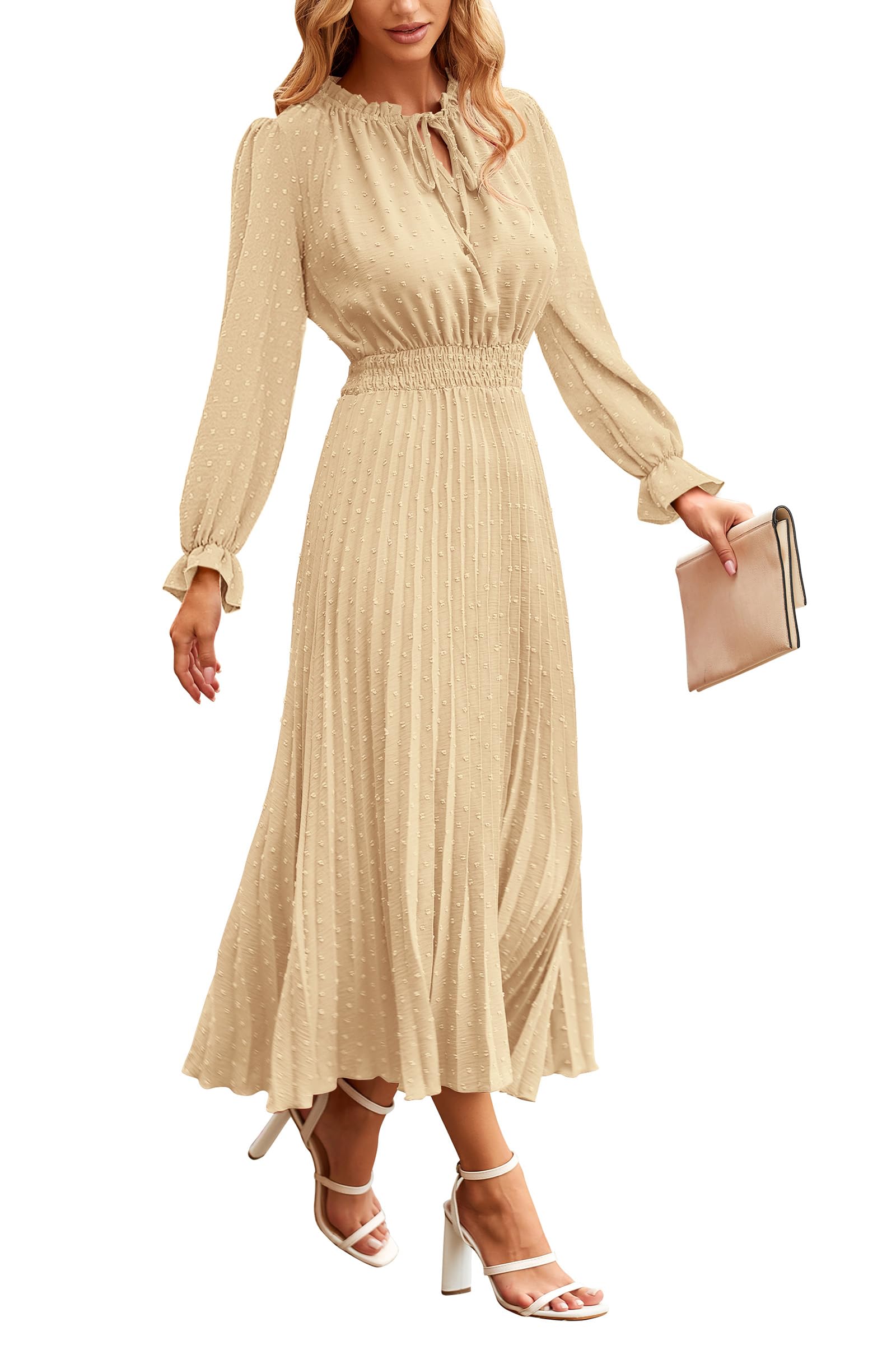 Women's Fall Midi Wedding Guest Dress(Apricot,Small)