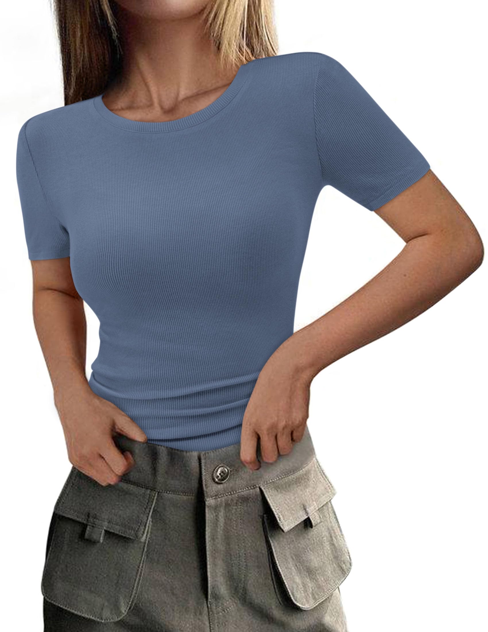 Womens Short Sleeve Slim Fit Basic Shirts,Grey Blue,XS