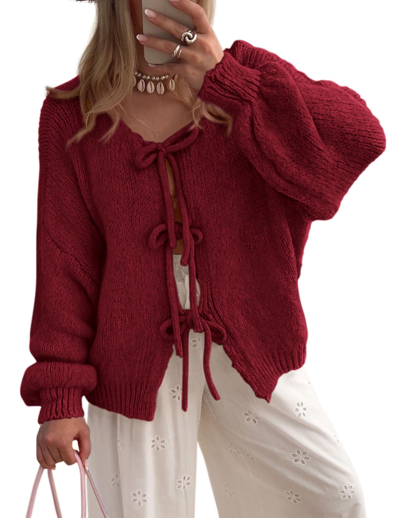 Women's Tie Front Bow Cardigan Sweaters(Wine Red,Small)