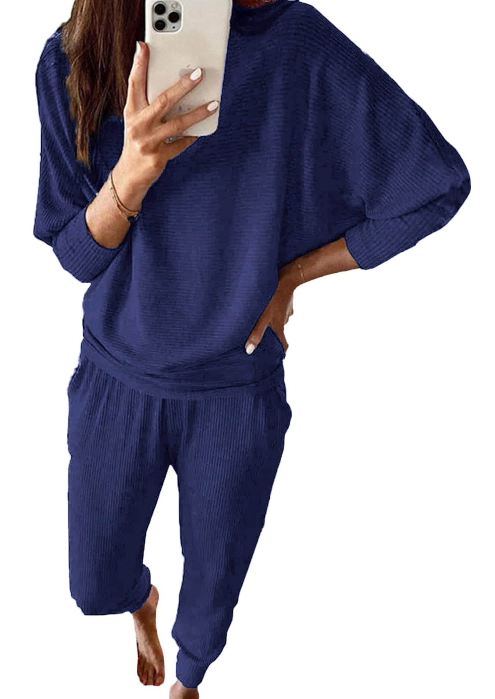 Women's 2 Piece Outfit Matching Lounge Set, Dark Blue,S