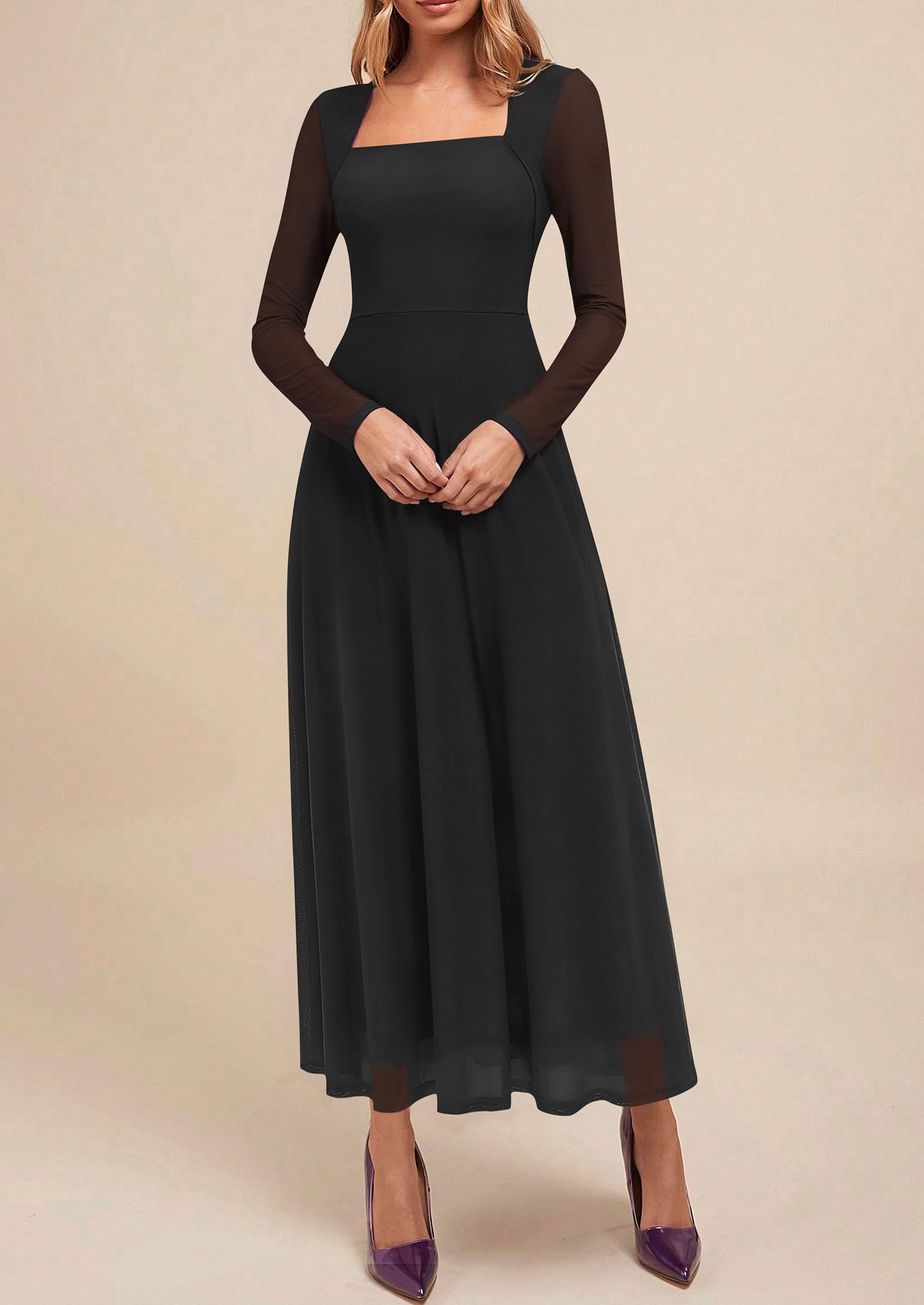 Women's Flowy Maxi Mesh Fall Cocktail Wedding Guest Dresses