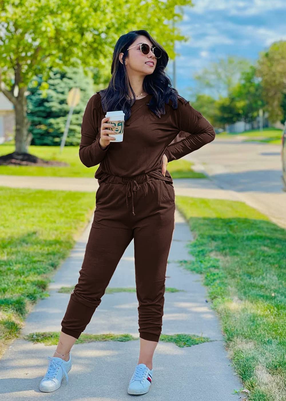 Travel Outfit Women 2 Piece Lounge Sets, Brown,S