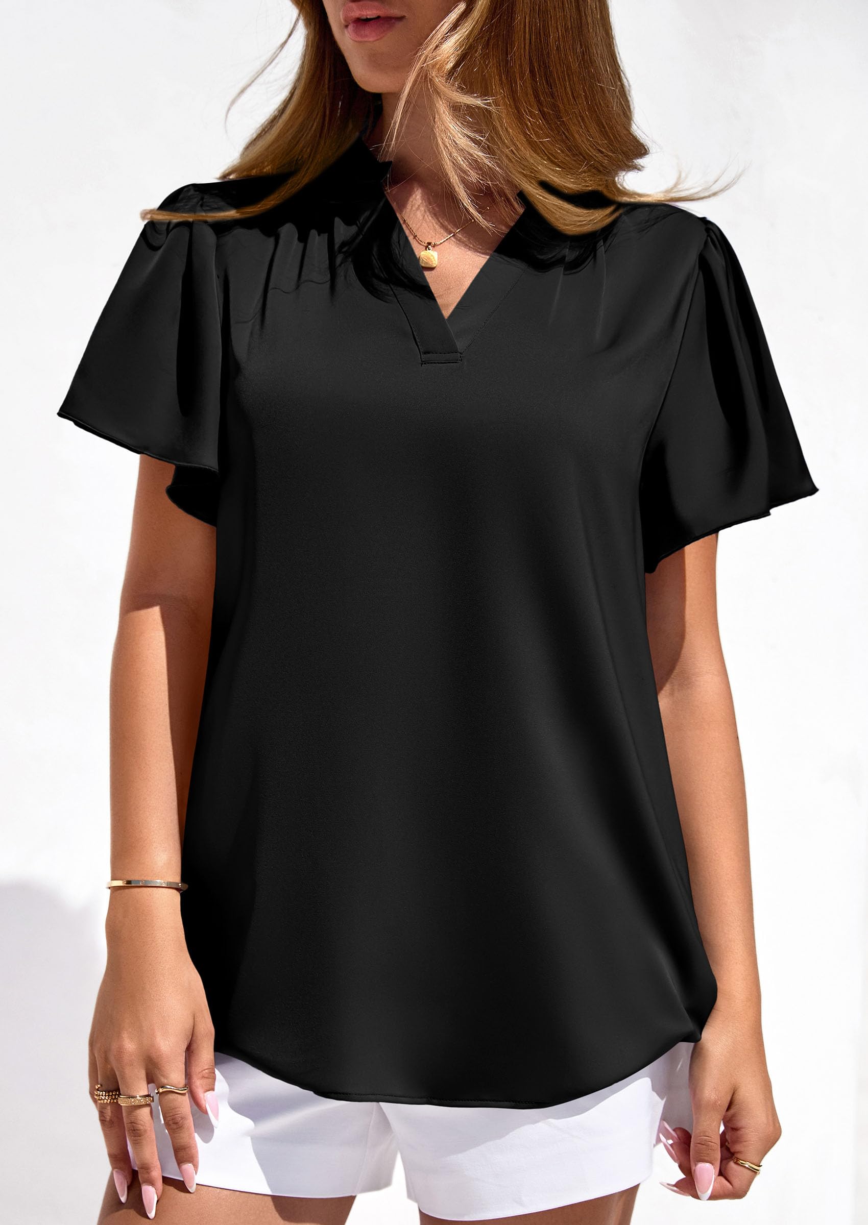 Women's Summer Satin Dressy Casual Blouses (Black,S)