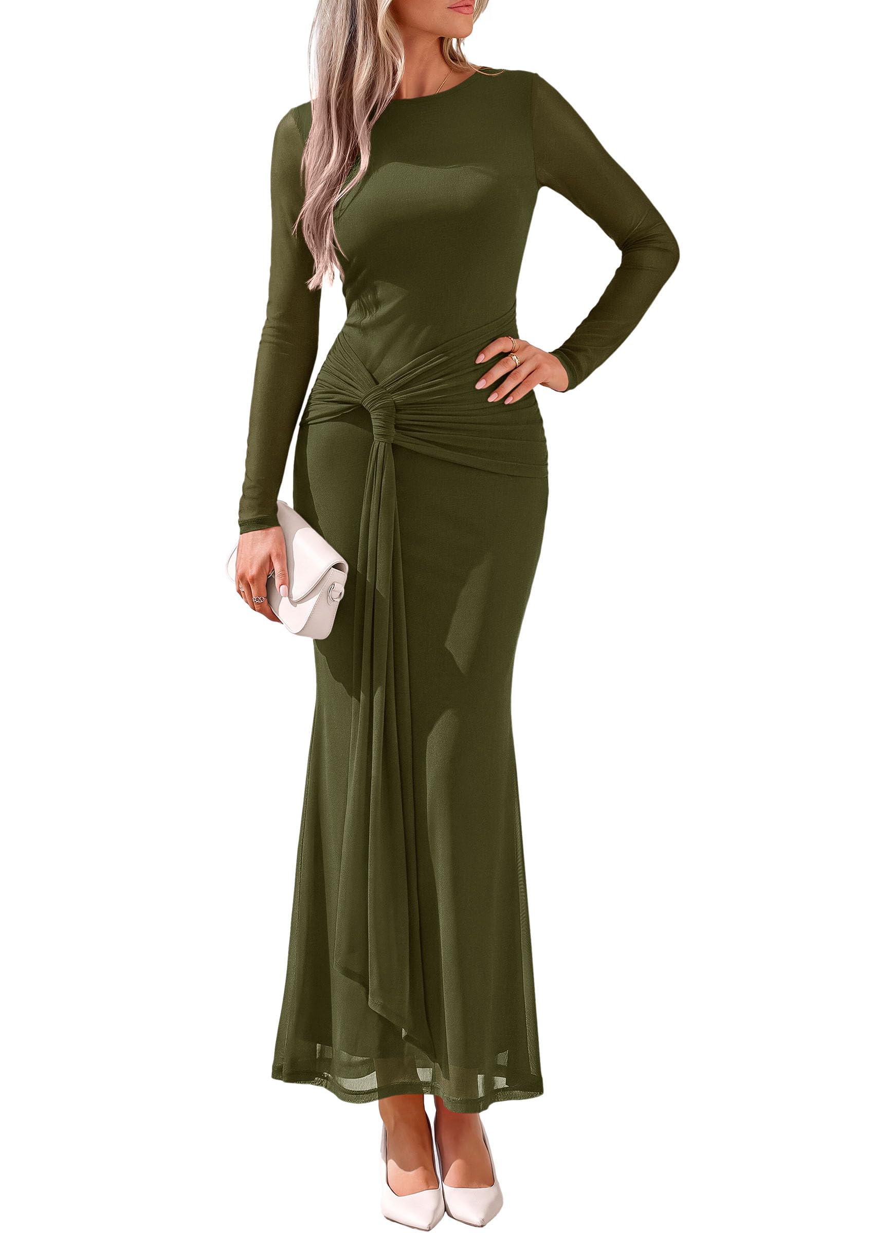 Womens Fall Long Sleeve Bodycon Tie Waist Mesh Maxi Dresses