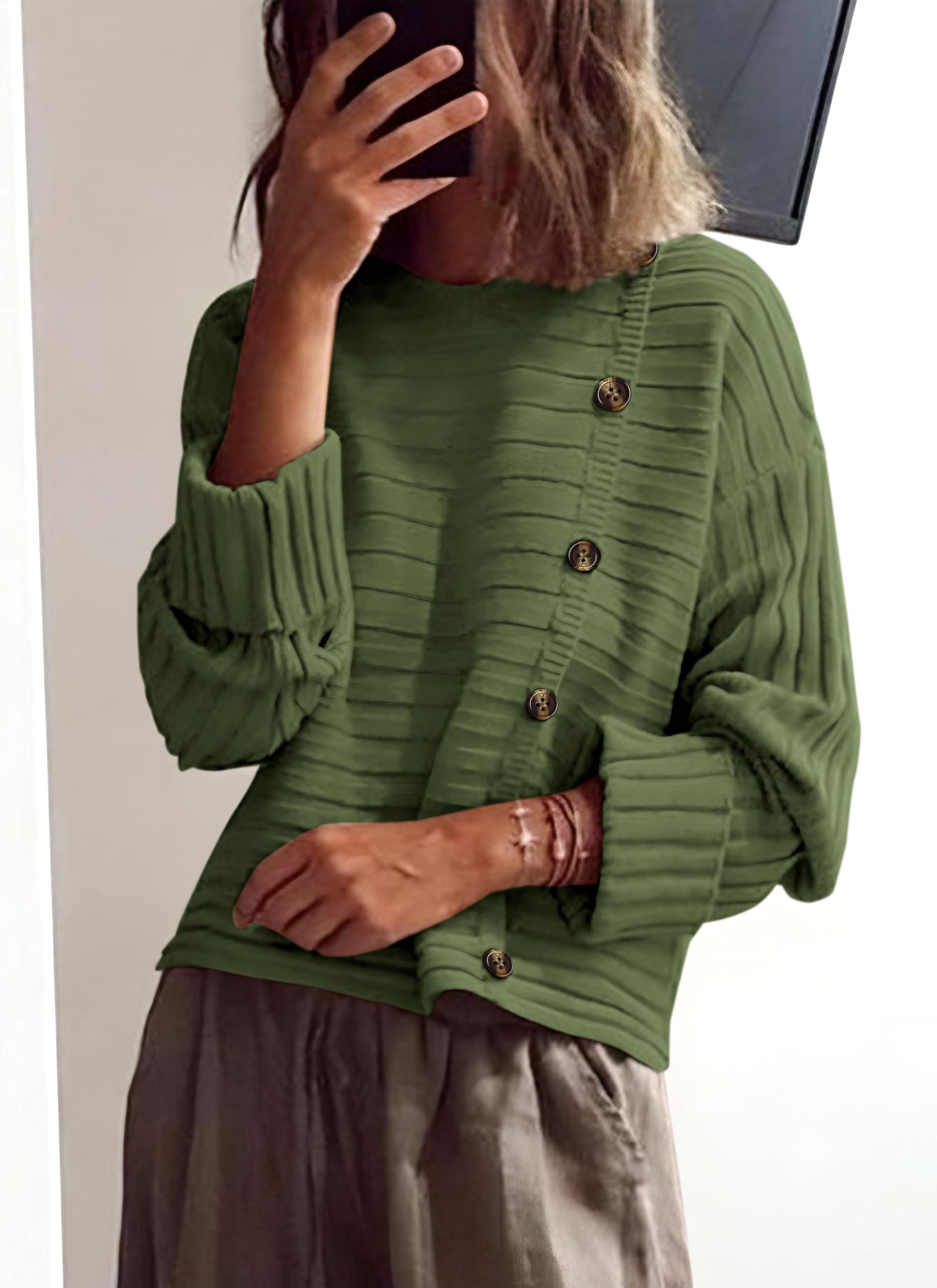 Womens Asymmetric Button Long Sleeve Sweater,Light Green,S
