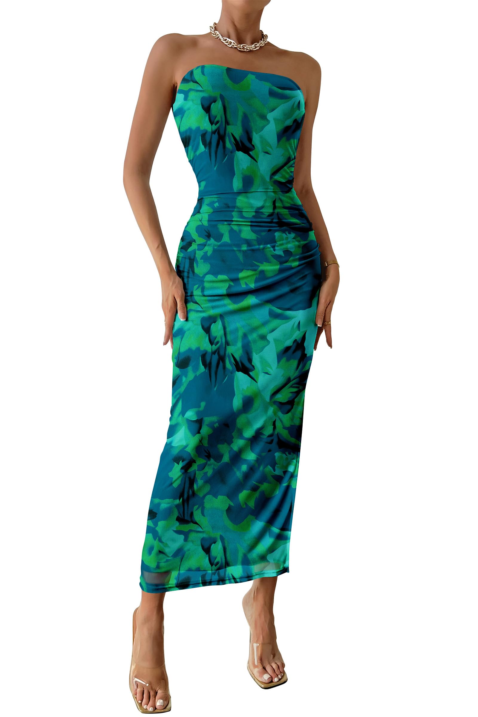 Womens Strapless Bodycon Maxi Dress, Green Big Floral,S
