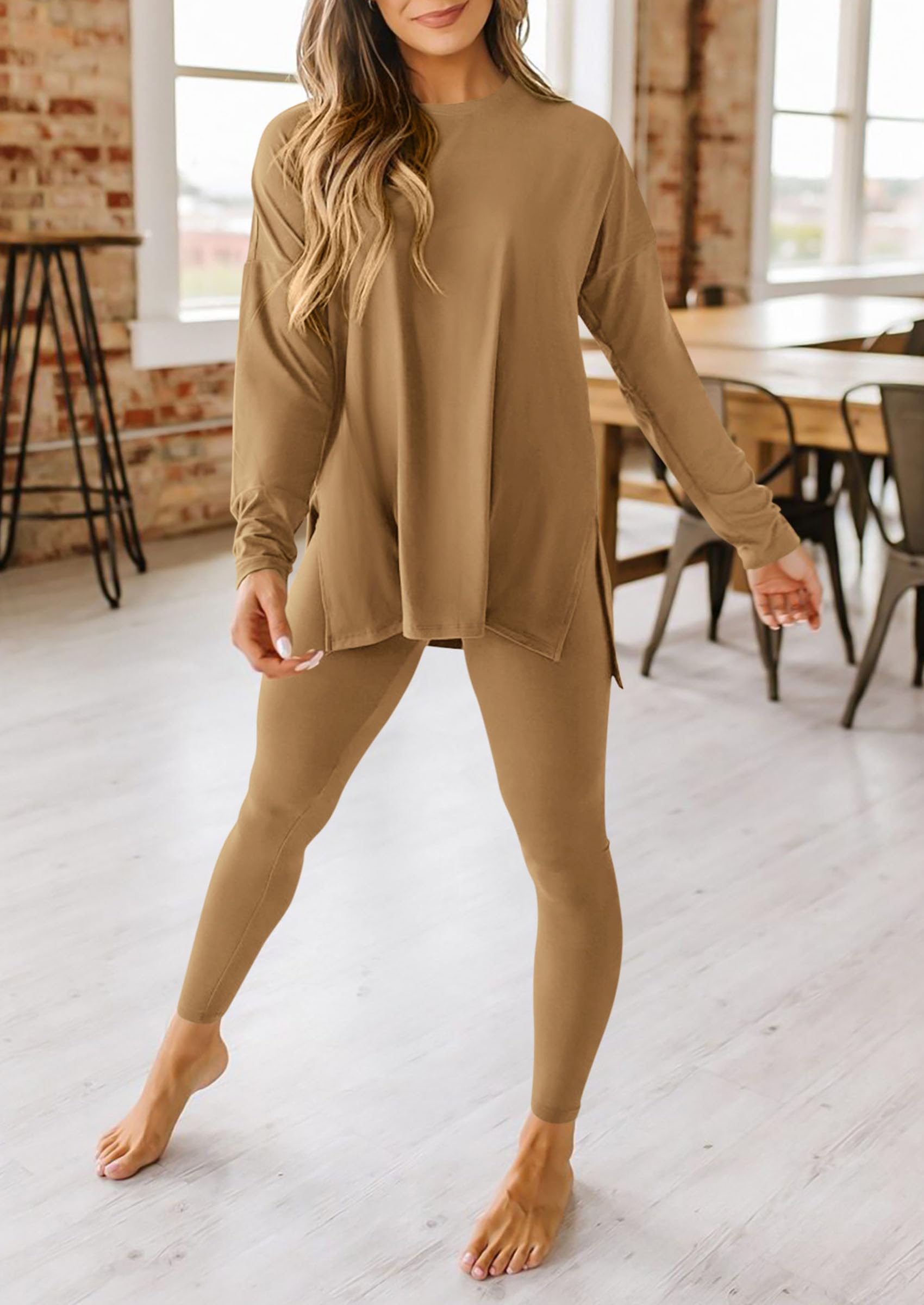 Women's 2 Piece Outfits Matching Lounge Sets,Khaki,S