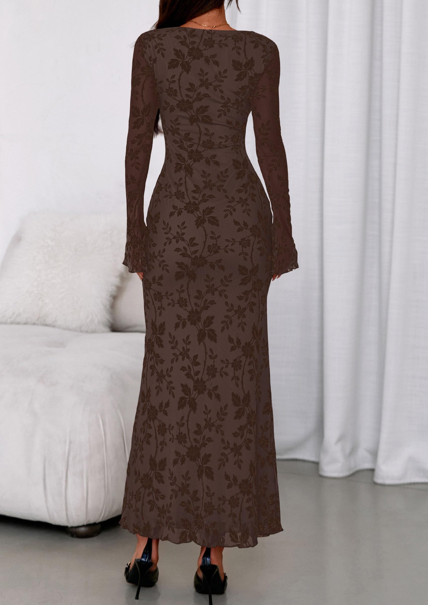 Women's Floral Bodycon Maxi Dress Wedding Guest Dresses Brown