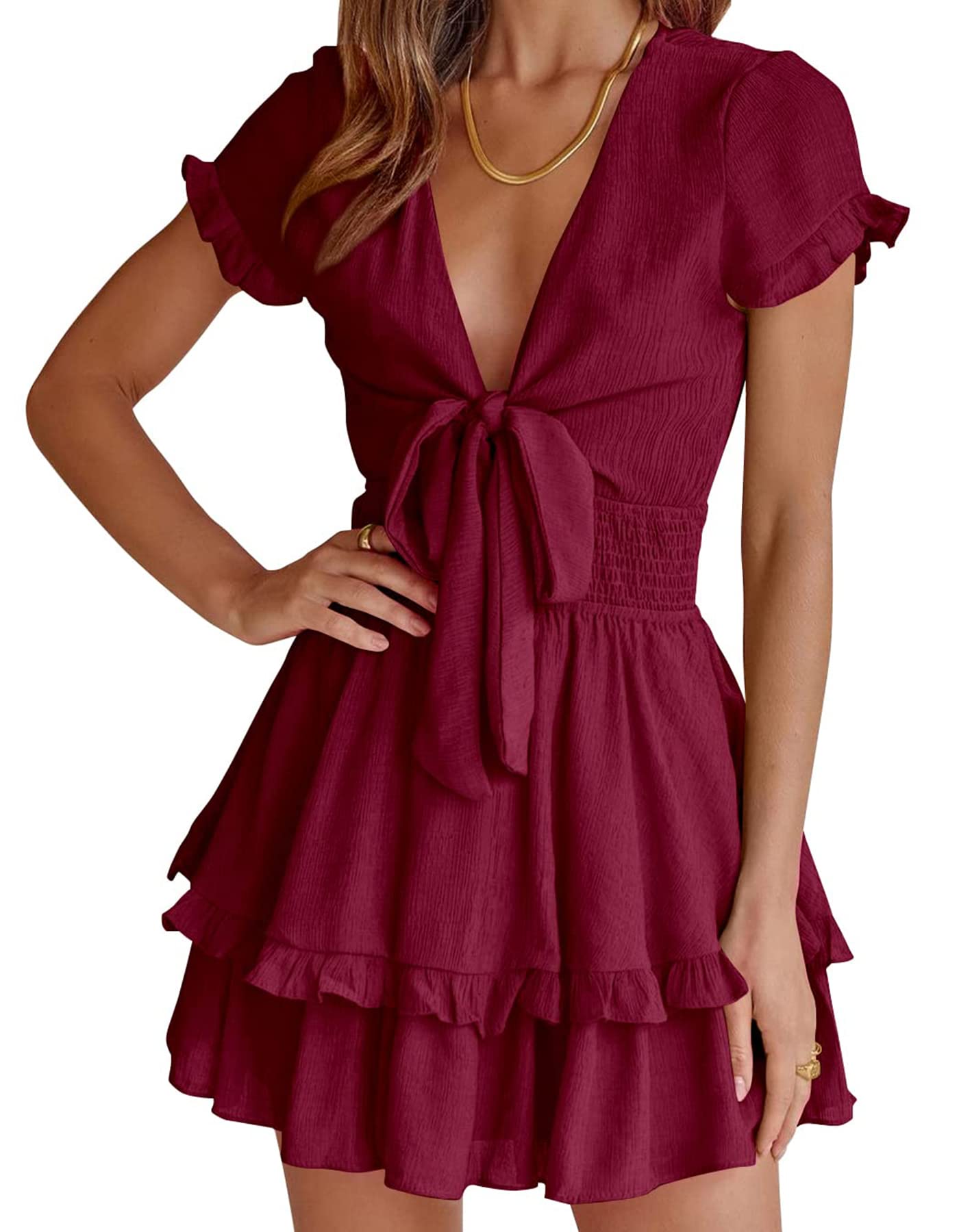 Women's Boho Floral Mini Tiered Bow Dress, Wine Red,M