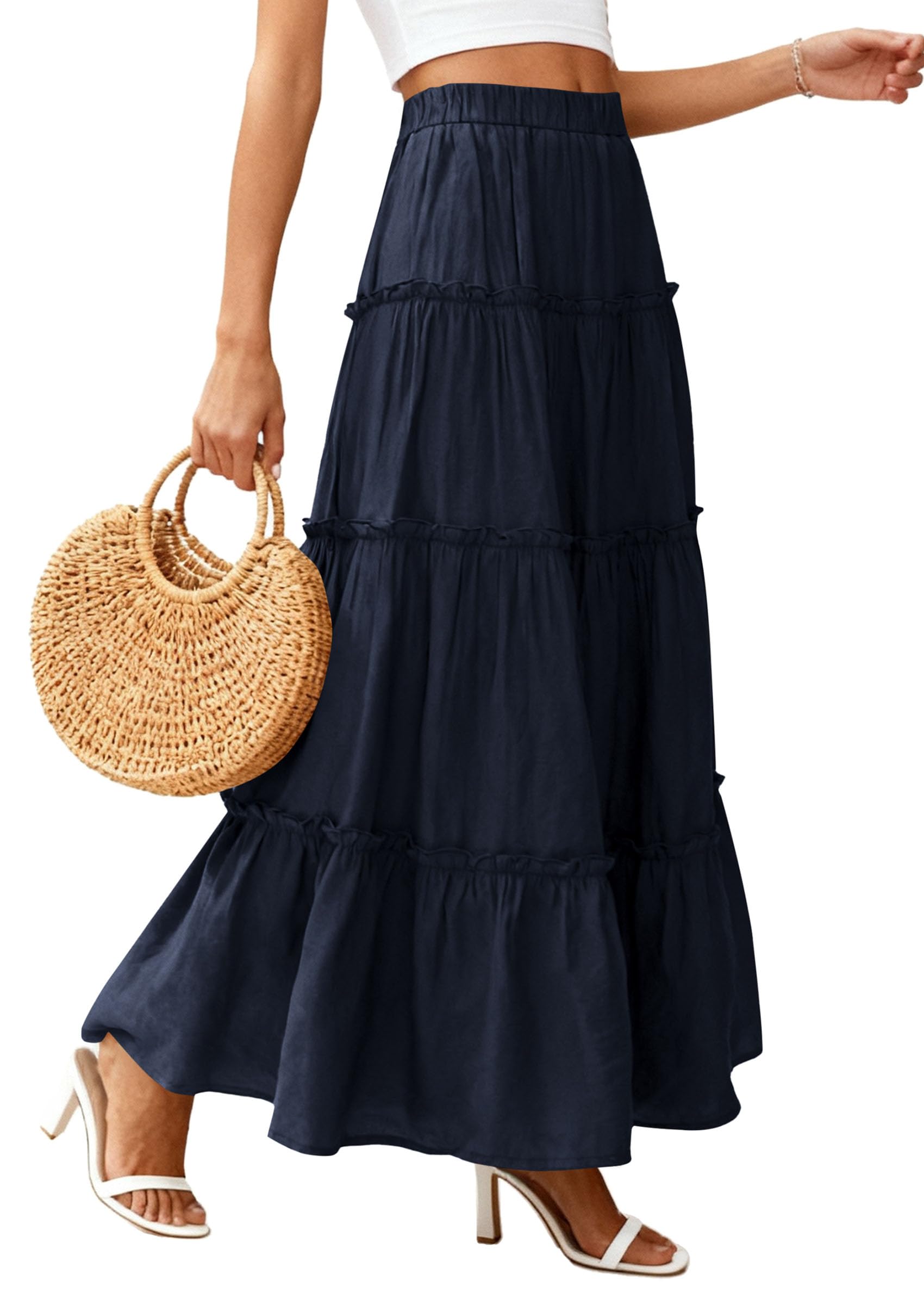 Women's Boho Tiered Ruffle Flowy Maxi Skirt, Navy Blue,L