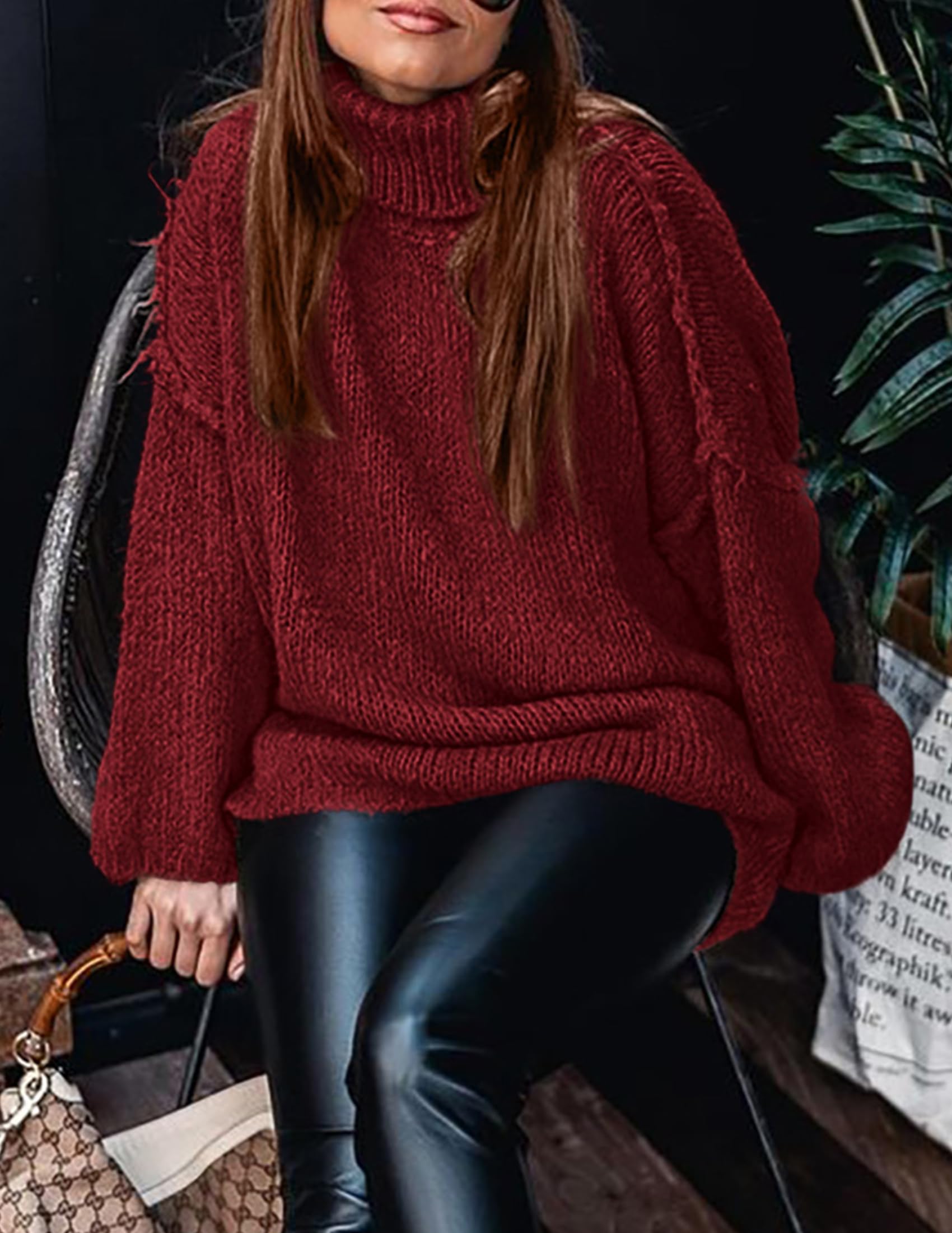 Womens Turtleneck Long Sleeve Oversized Sweaters,Wine Red,S