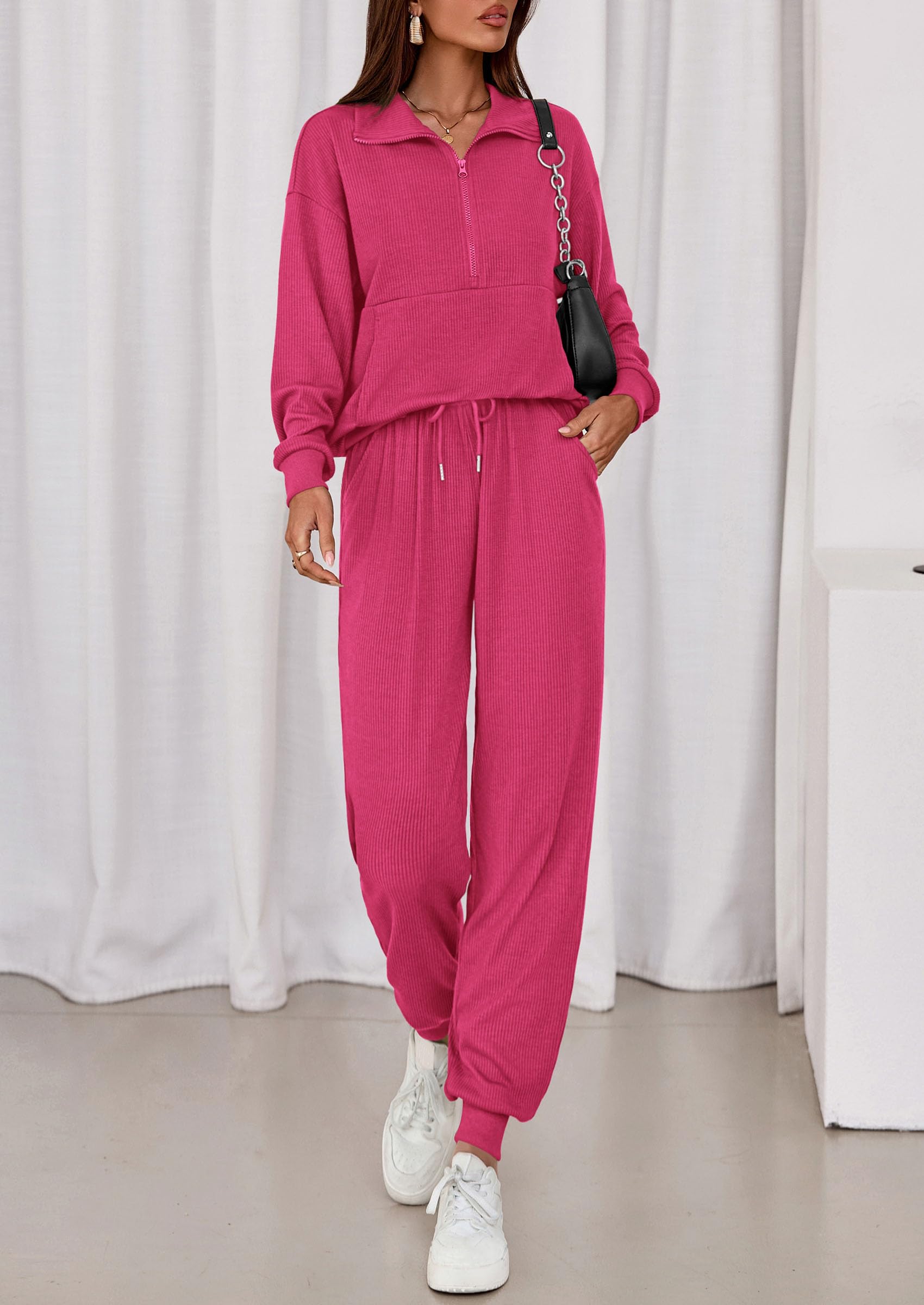 Airport Travel Outfit Women Ribbed Knit Matching Lounge Sets