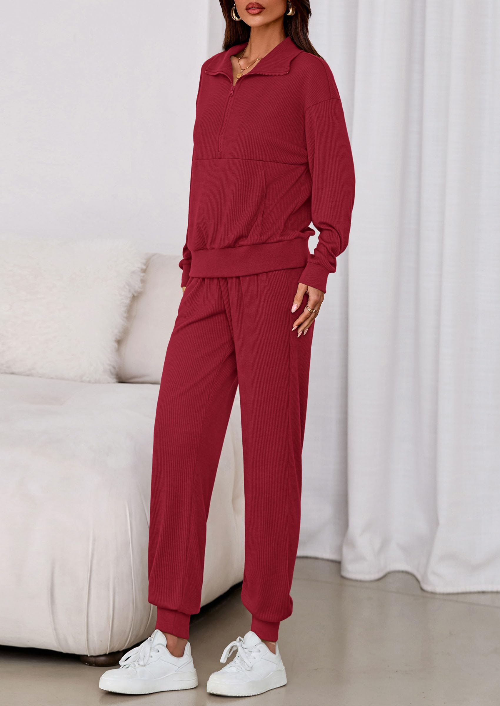Airport Travel Outfit Women Ribbed Knit Matching Lounge Sets