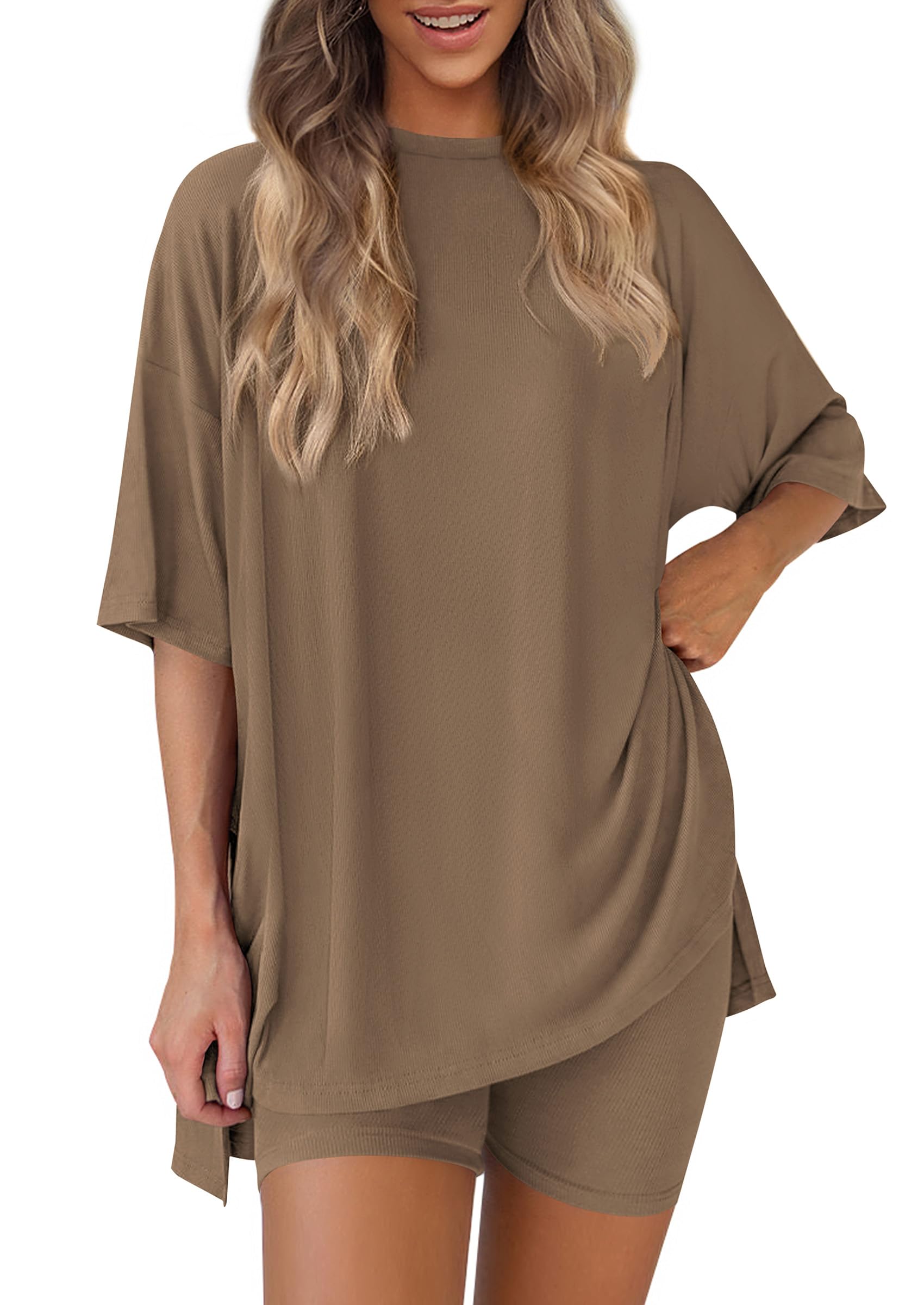 Women 2 Piece Lounge Set Airport Travel Outfit, Dark Khaki,S