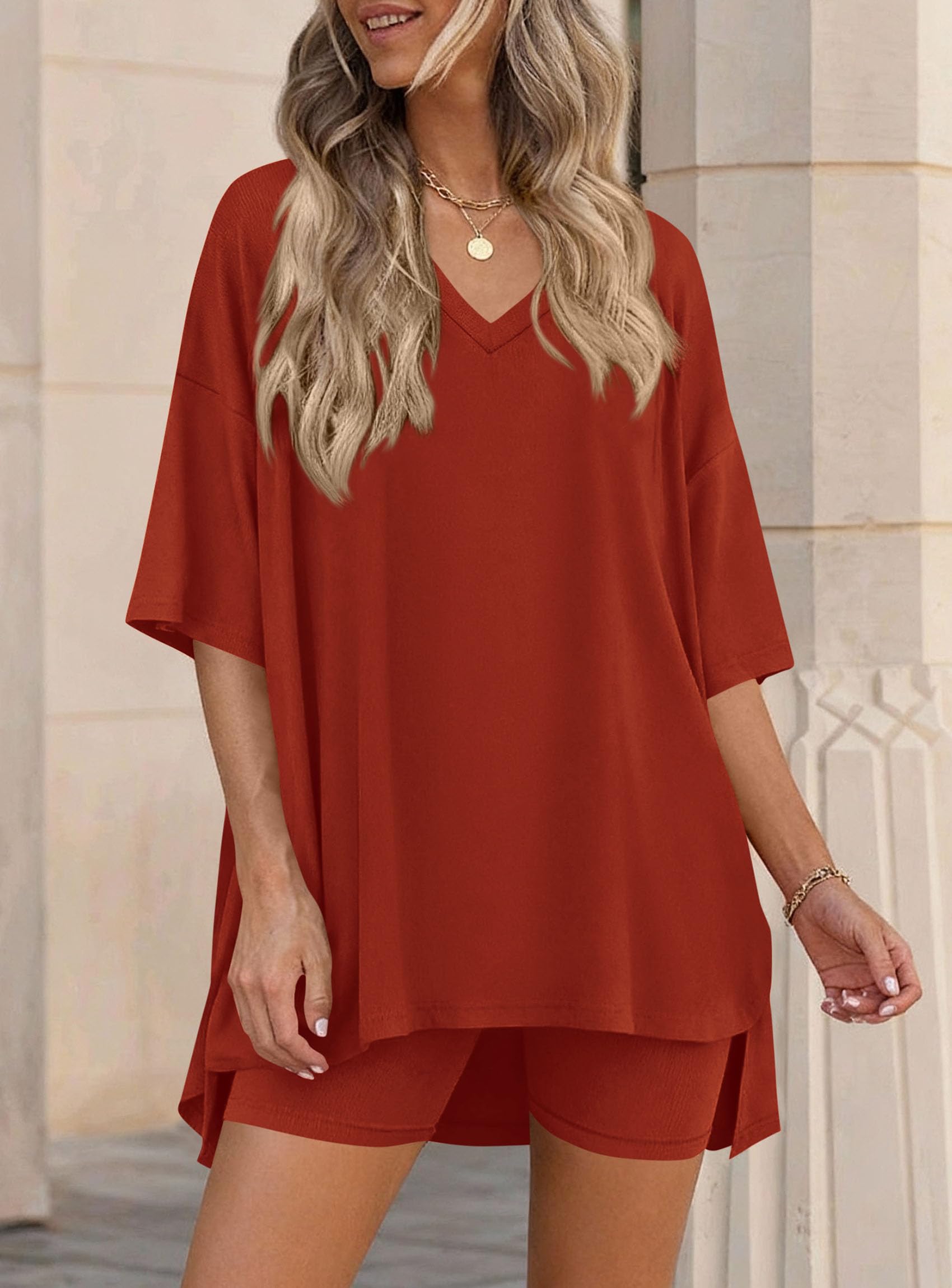 Womens 2 Piece Outfit Lounge Short Sets,Brick Red,S