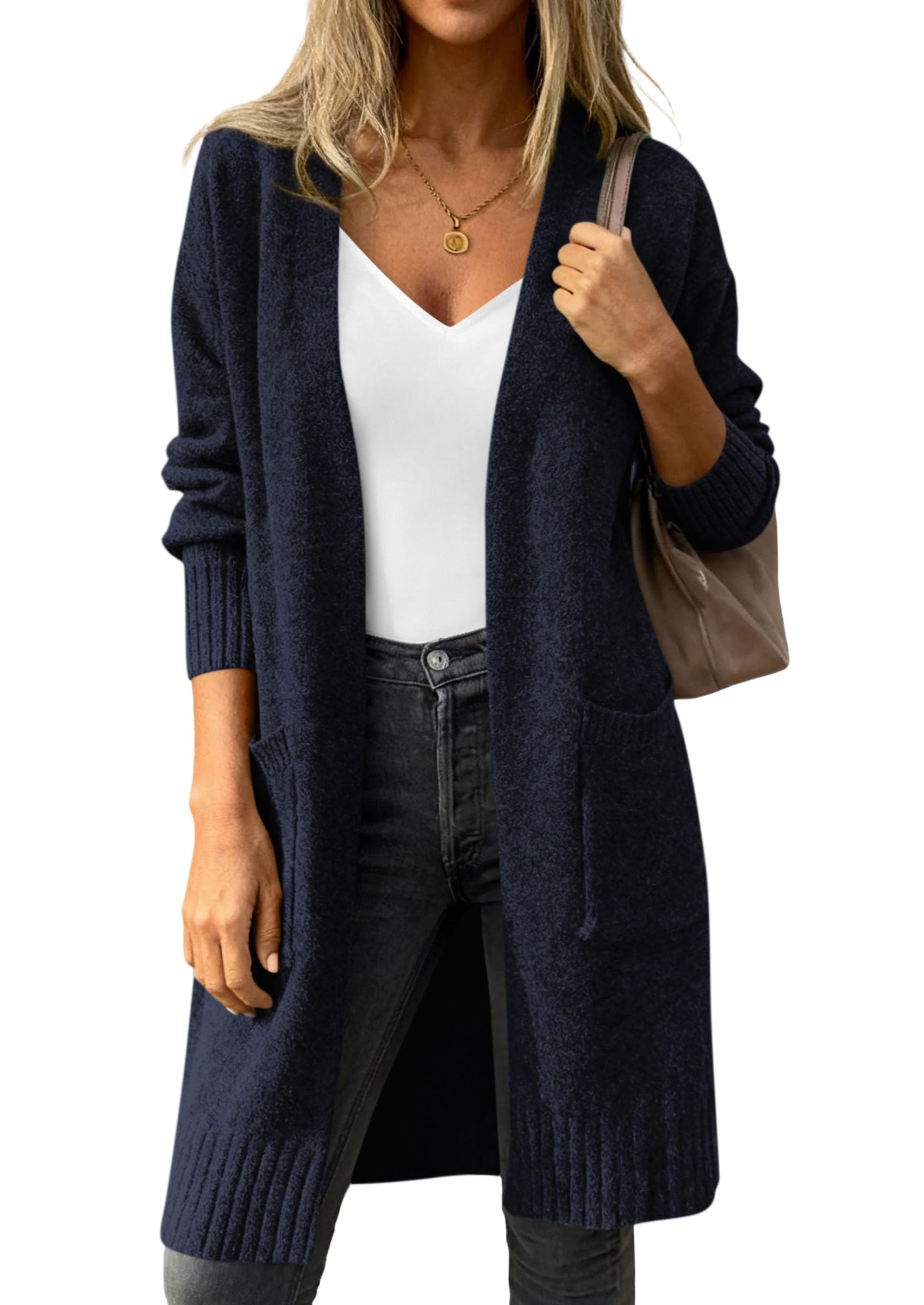 Women's Oversized Open Front Long Knit Cardigan,Navy,S