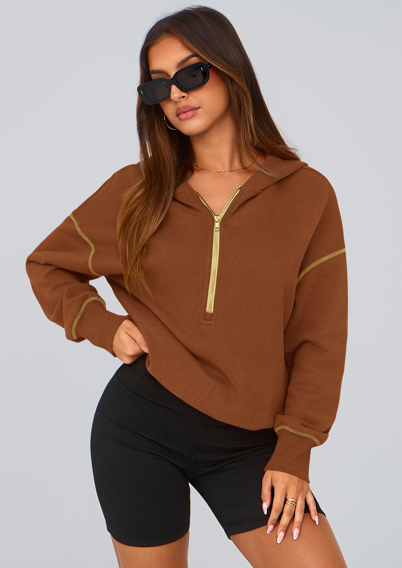 Women's Fall Half Zip Cropped Hoodie Sweatshirt Caramel