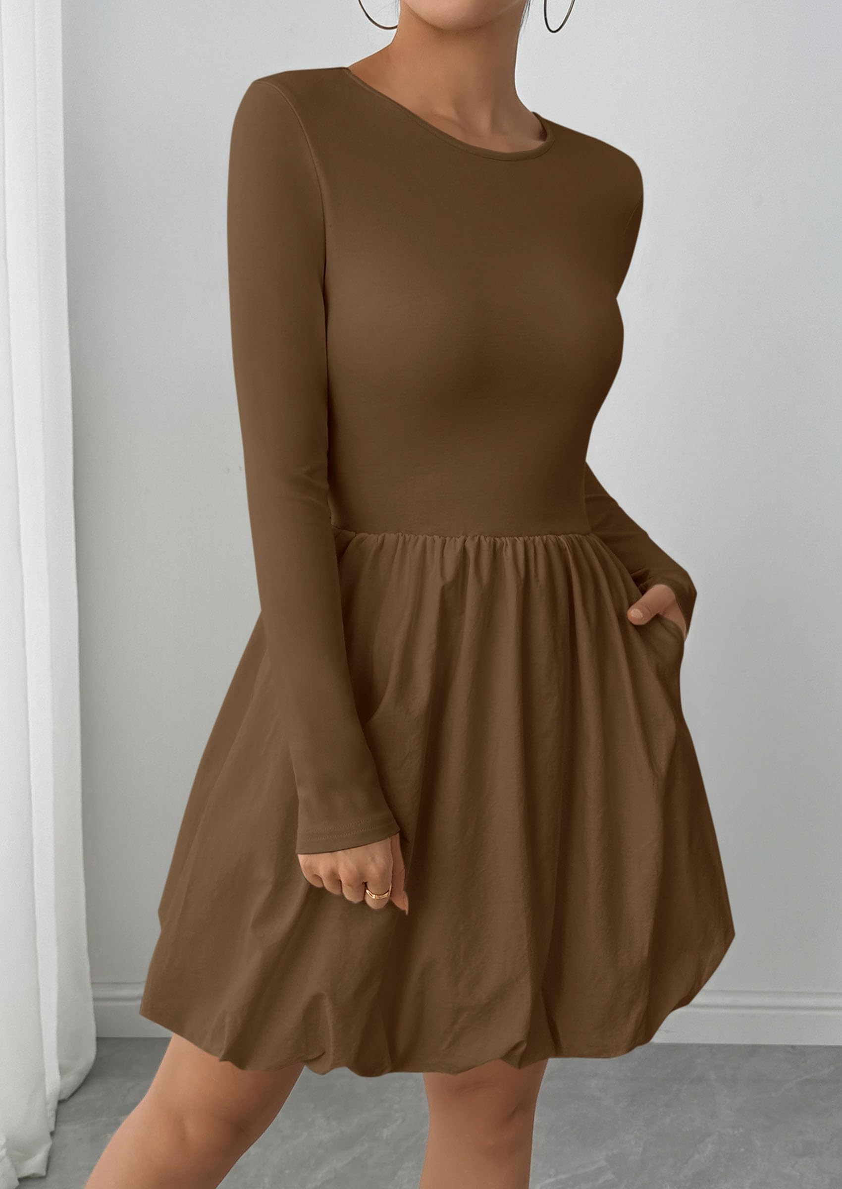 Fall Dresses for Women 2026 Bubble Mini Dress,Brown,S