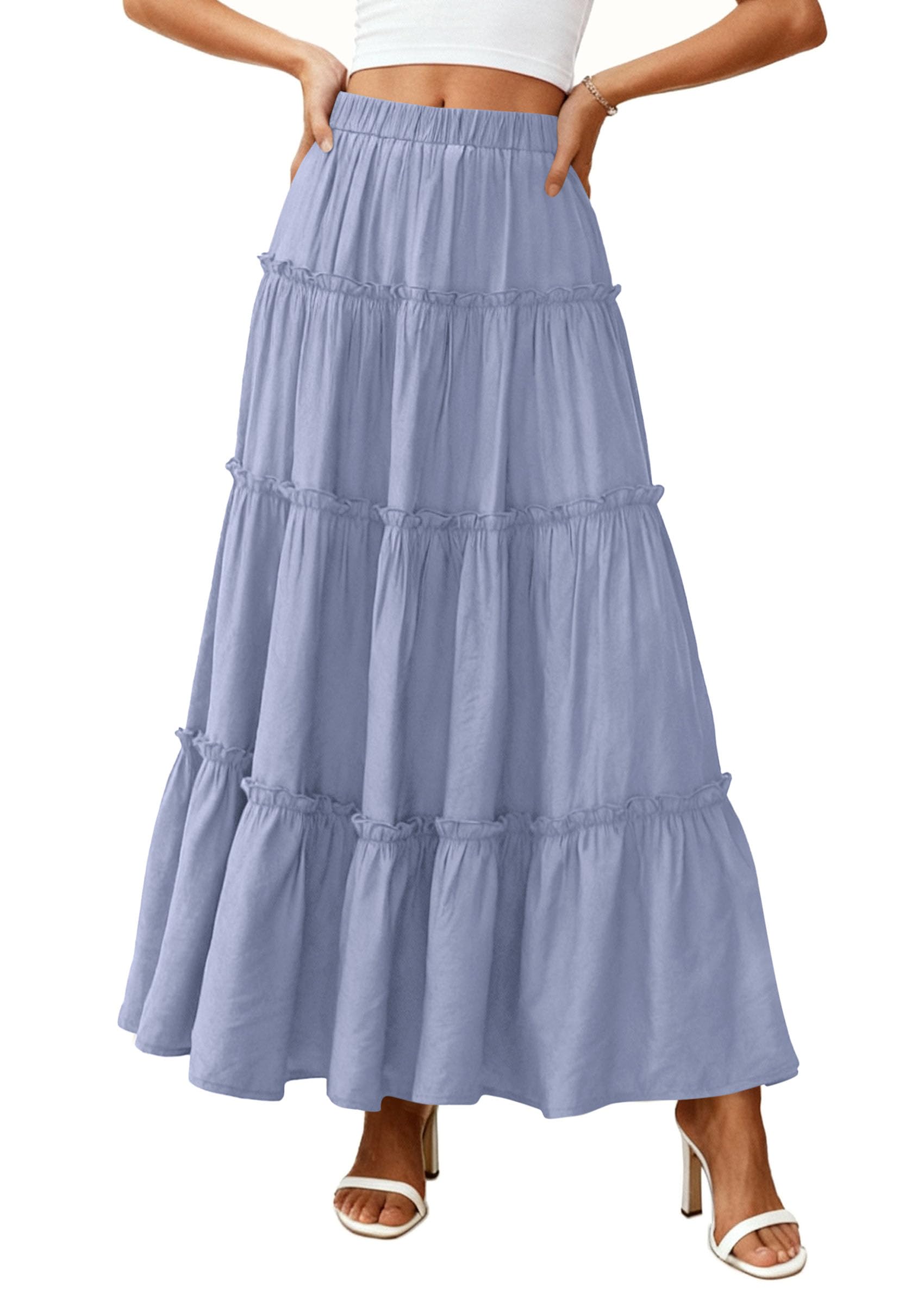 Women's Boho Tiered Ruffle Flowy Maxi Skirt, Blue,S