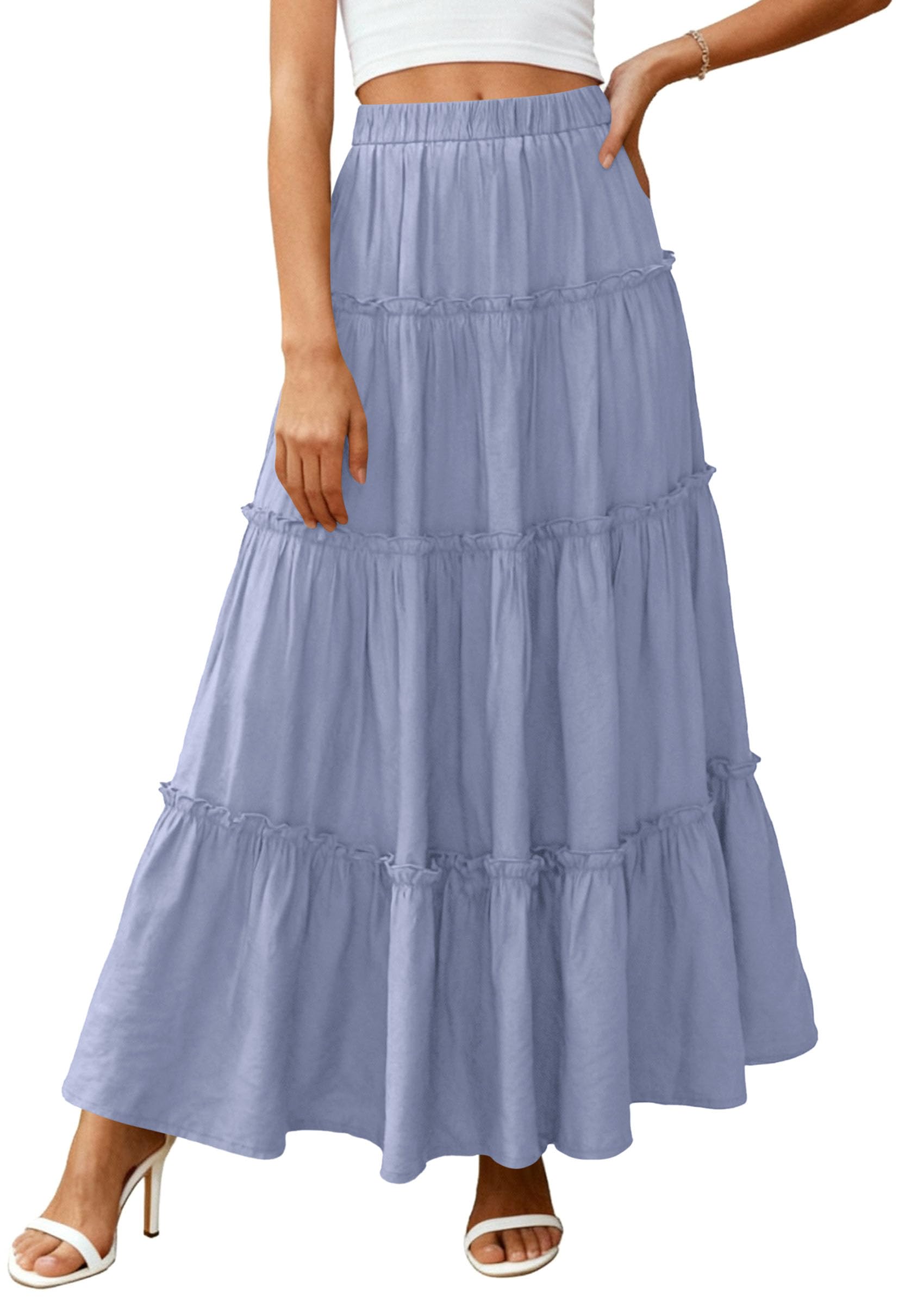 Women's Boho Tiered Ruffle Flowy Maxi Skirt, Blue,S