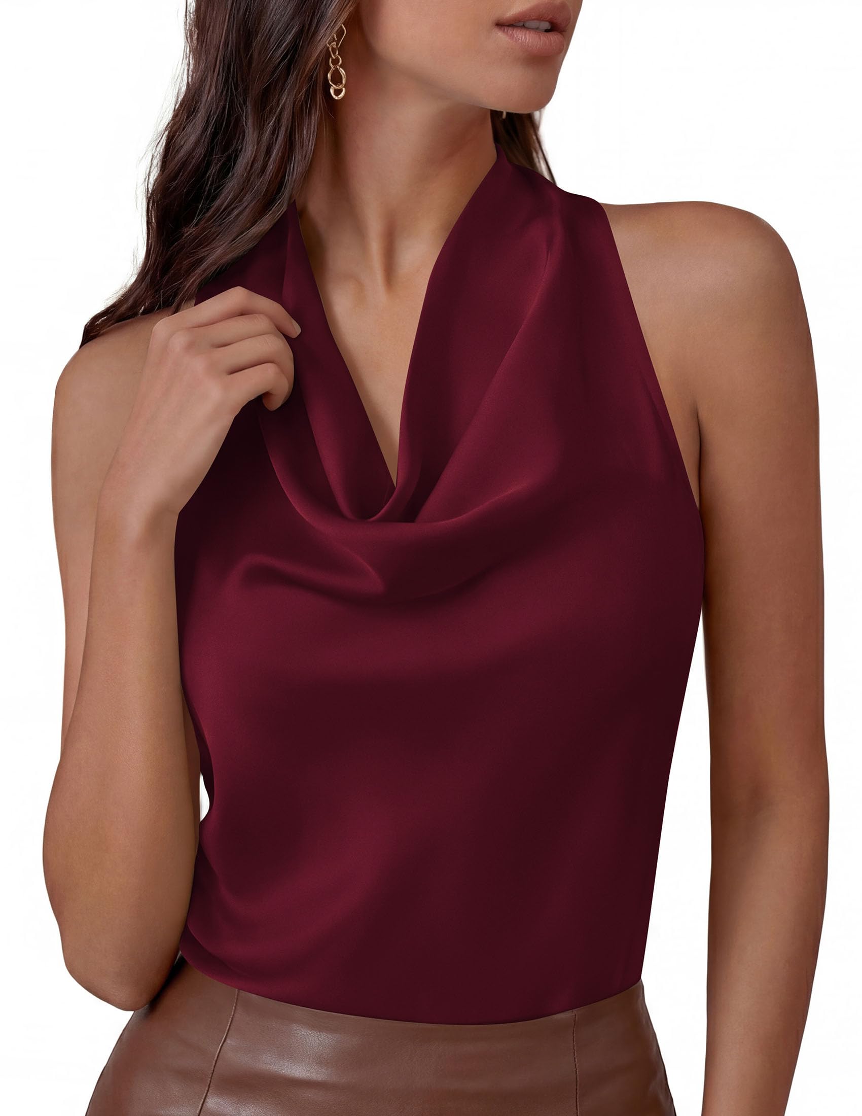 Satin Halter Tops for Women Dressy Casual Wine Red,XS