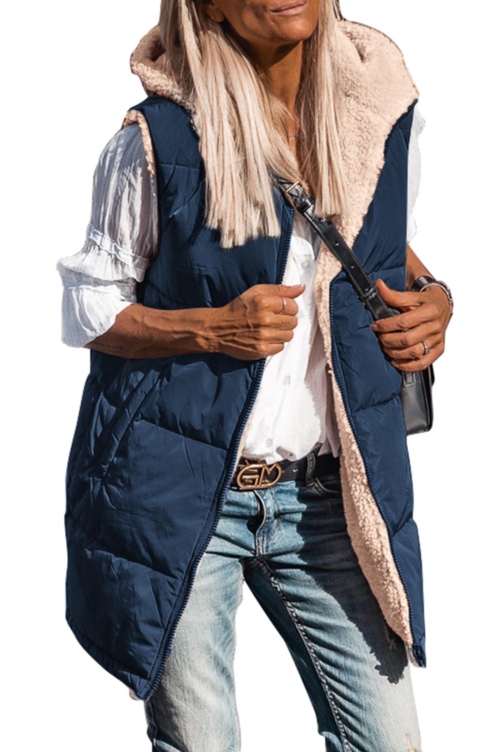 Women's Winter Reversible Fleece Long Vests(Navy,S)