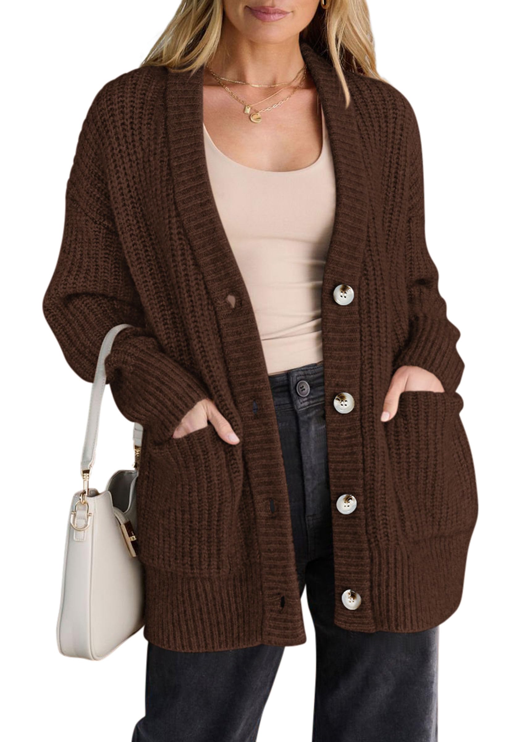 Oversized Cardigan Sweaters for Women Button Up,Brown,S