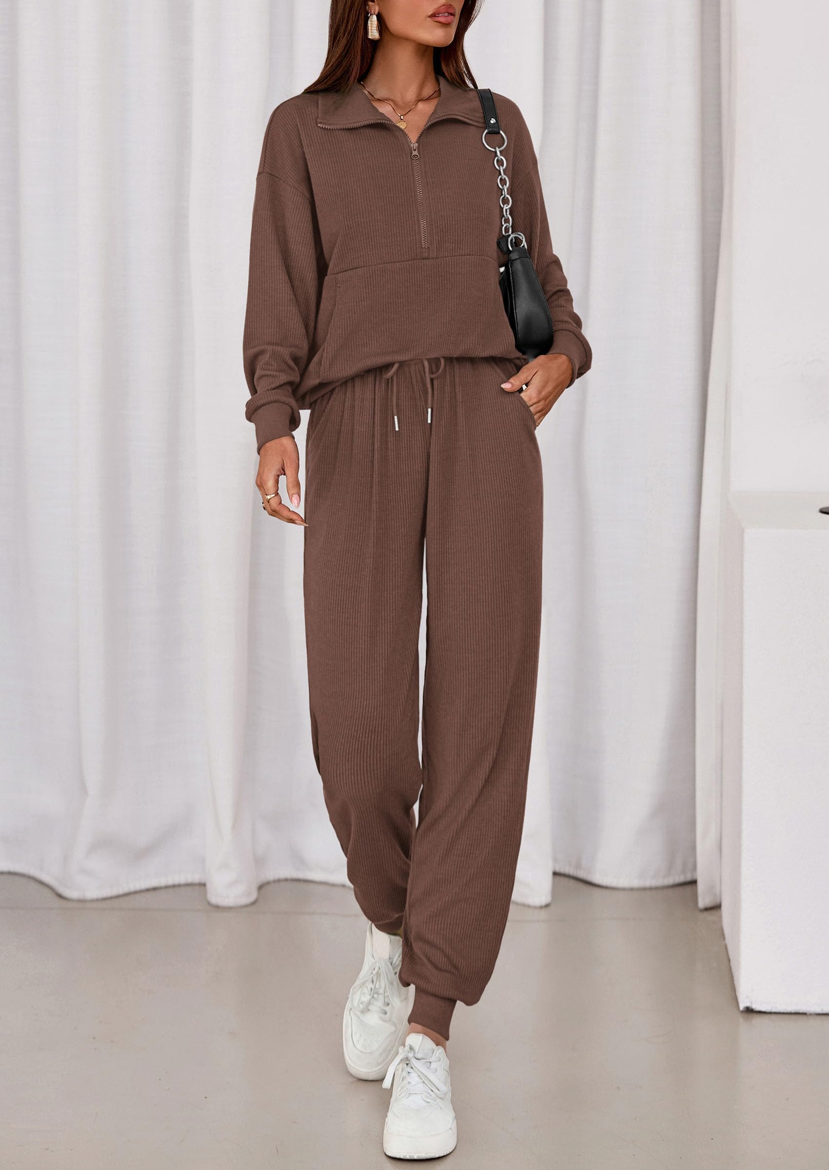 Airport Travel Outfit Women Ribbed Knit Matching Lounge Sets