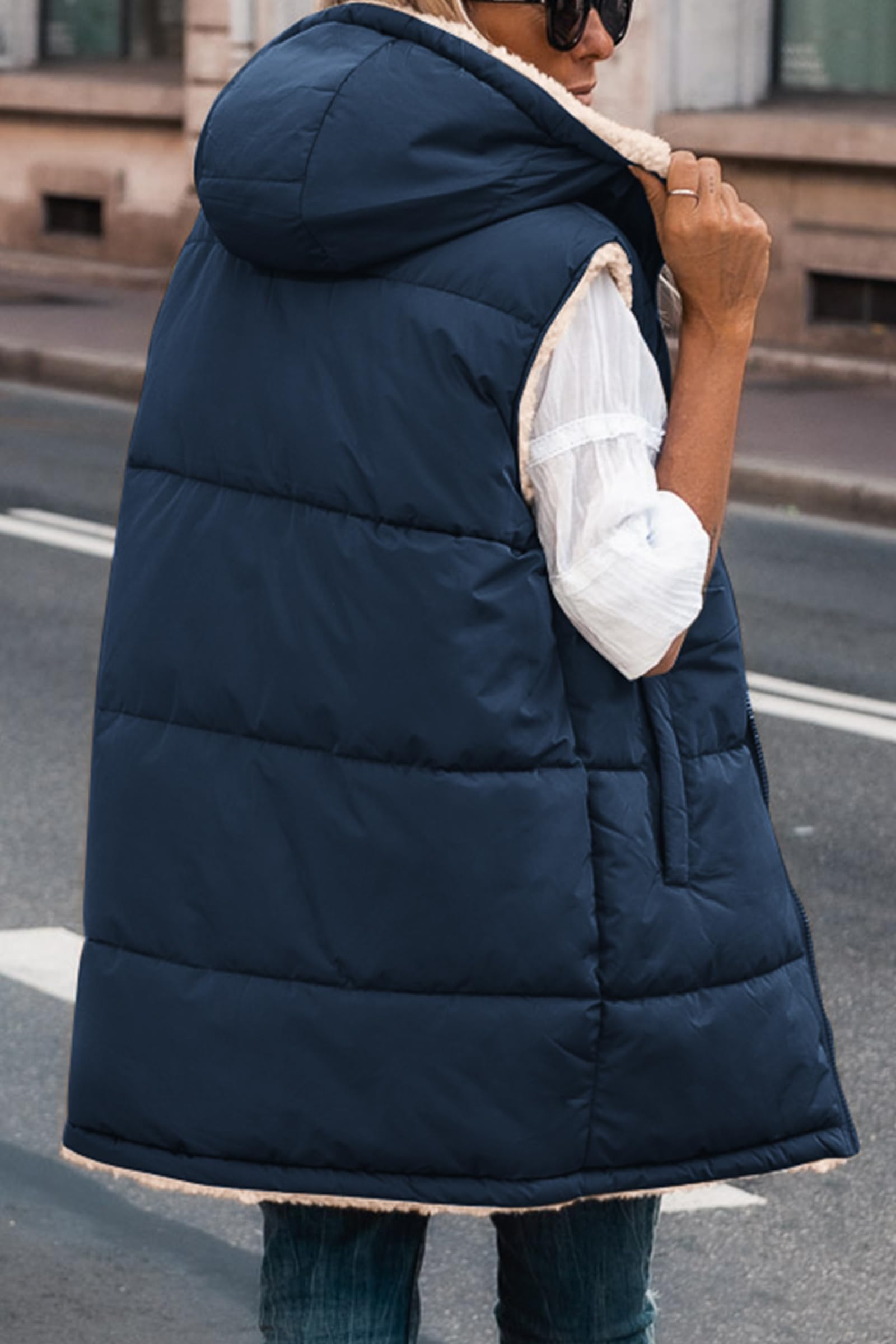 Women's Winter Reversible Fleece Long Vests(Navy,S)