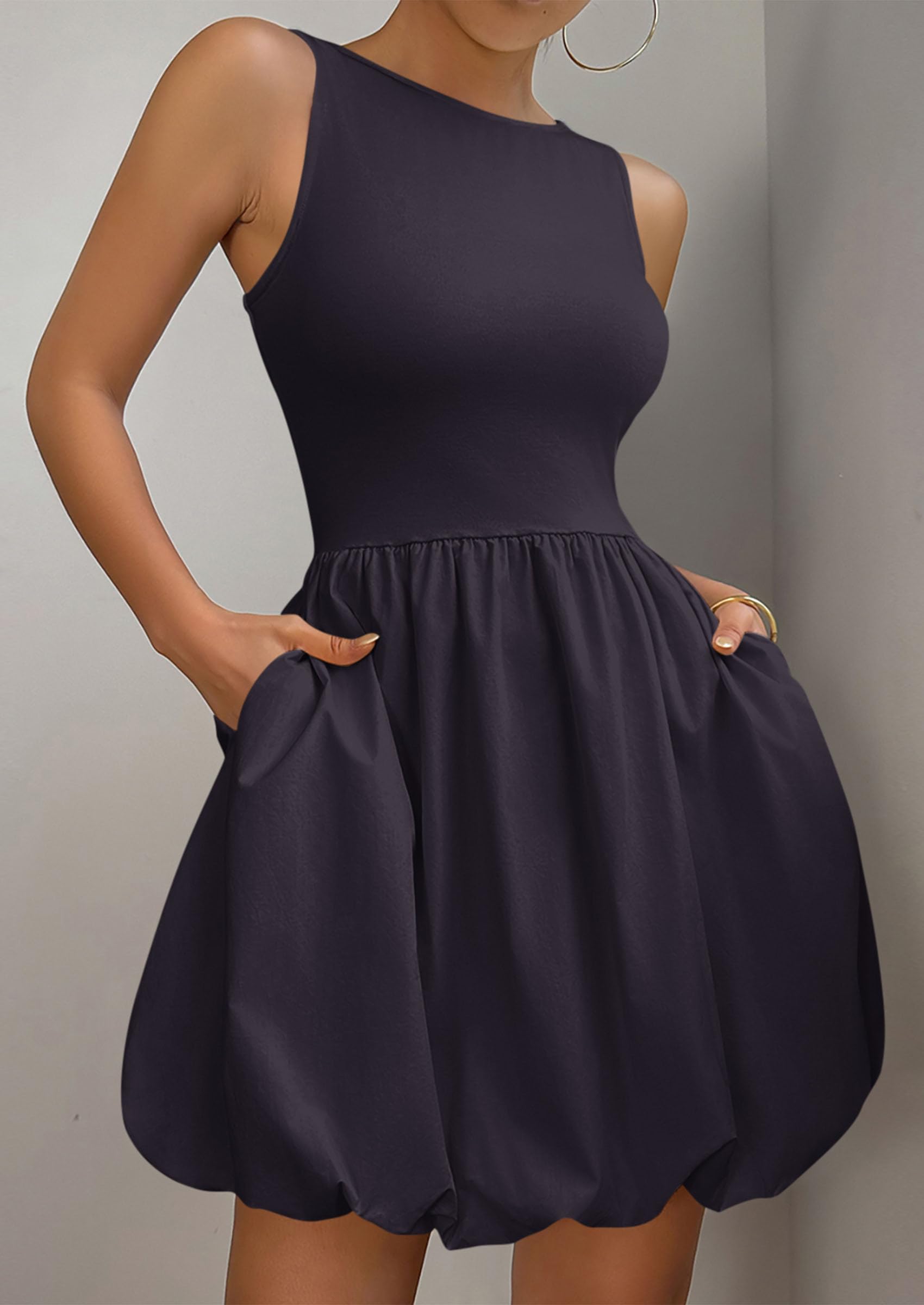 Womens Summer Bubble Sleeveless Mini Dress,Navy,S