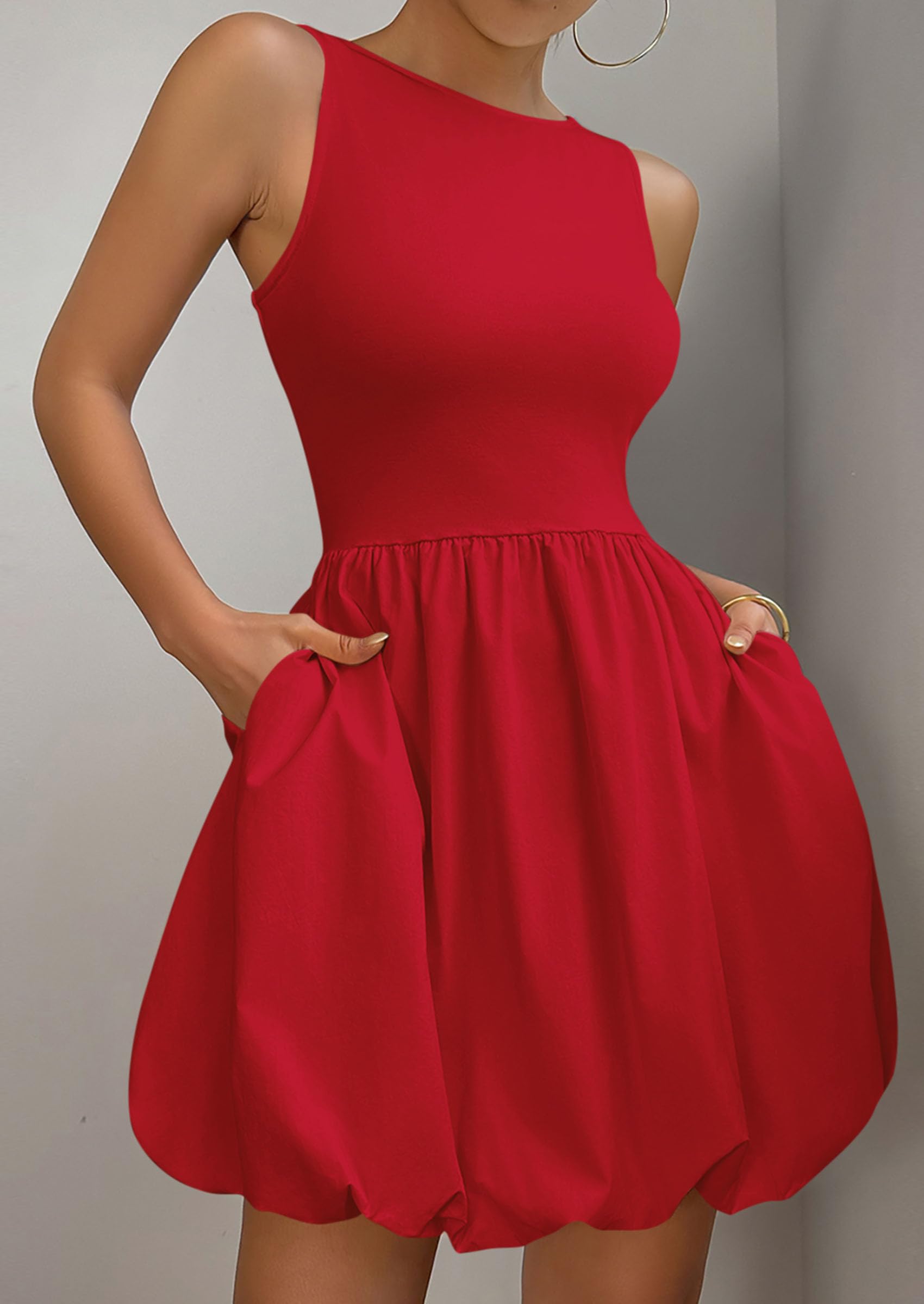 Womens Summer Bubble Sleeveless Mini Dress,Red,S