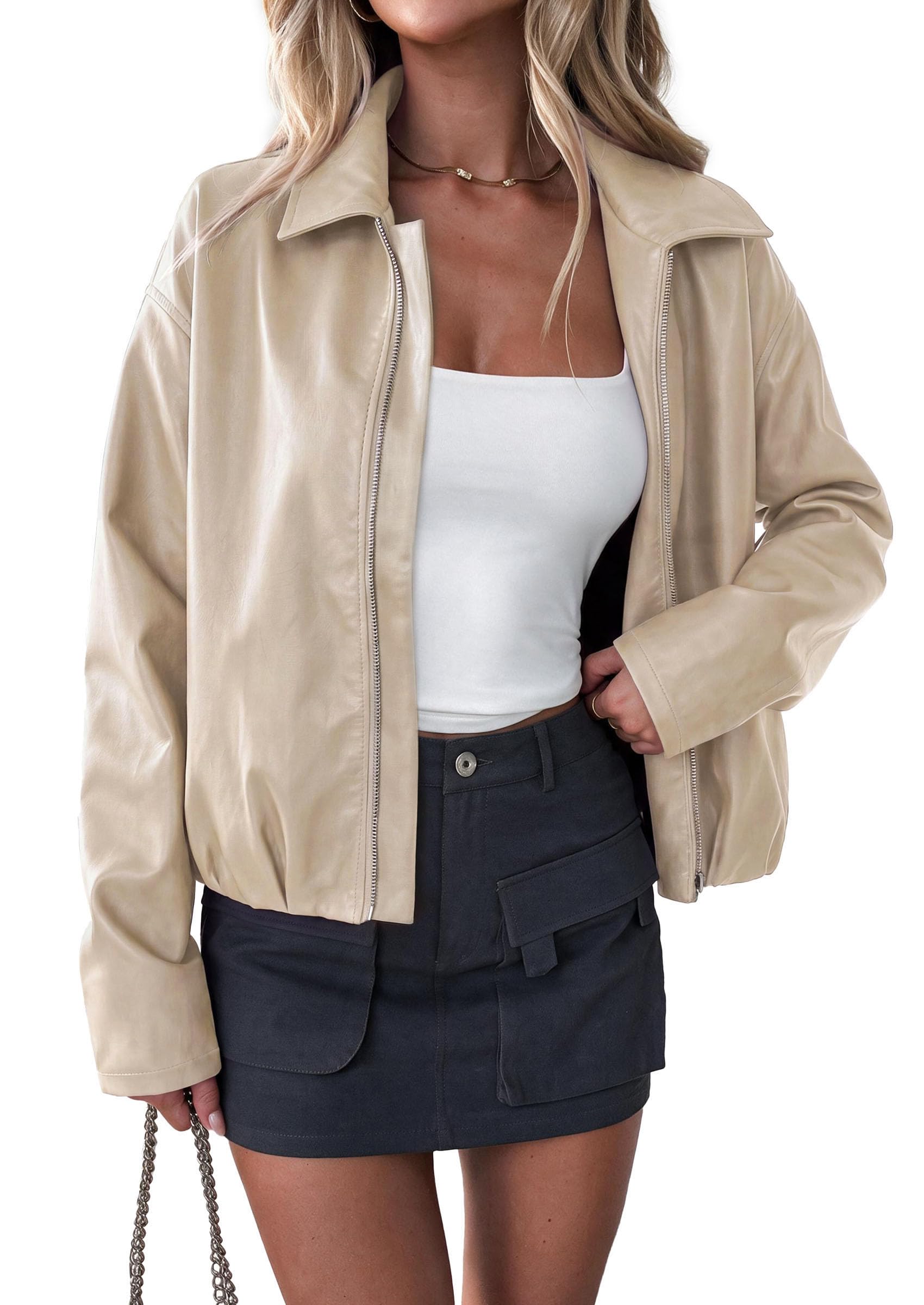 Womens Faux Leather Motorcycle Jackets Fall Cropped Coats