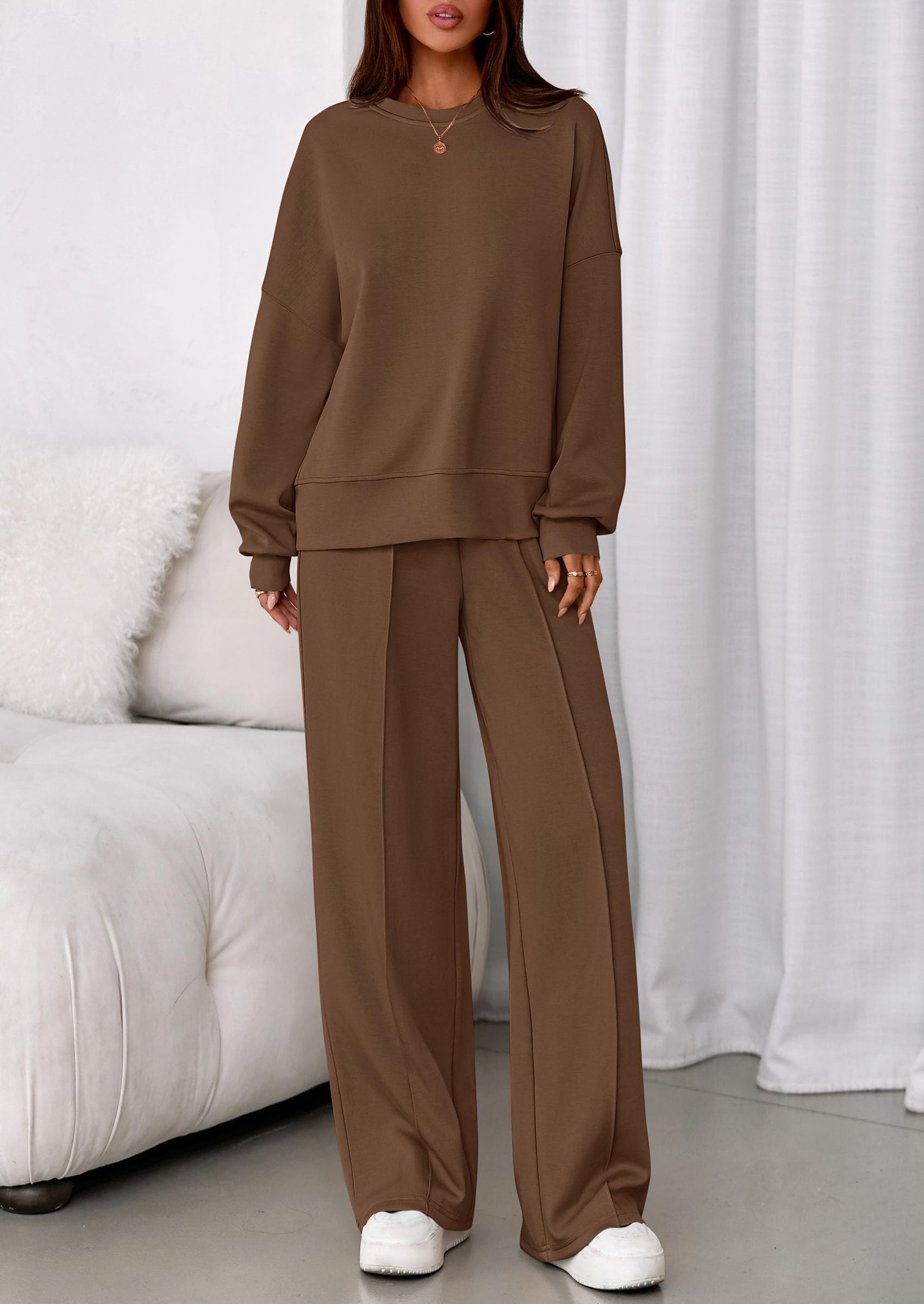 Womens Long Sleeve Sweatshirt 2 Piece Sets,Brown,S
