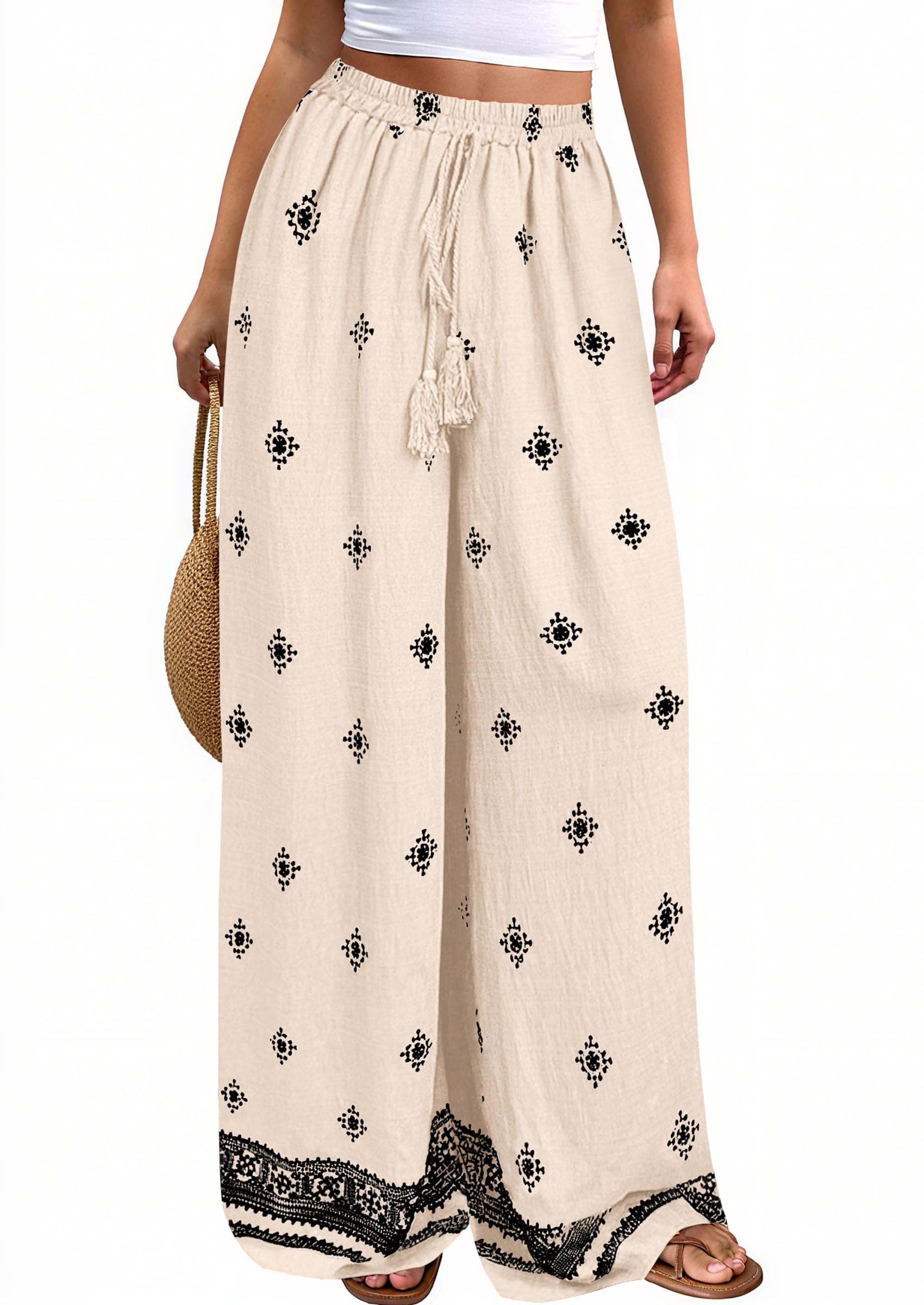 Wide Leg Flowy Boho Pants for Women, Apricot Black,S