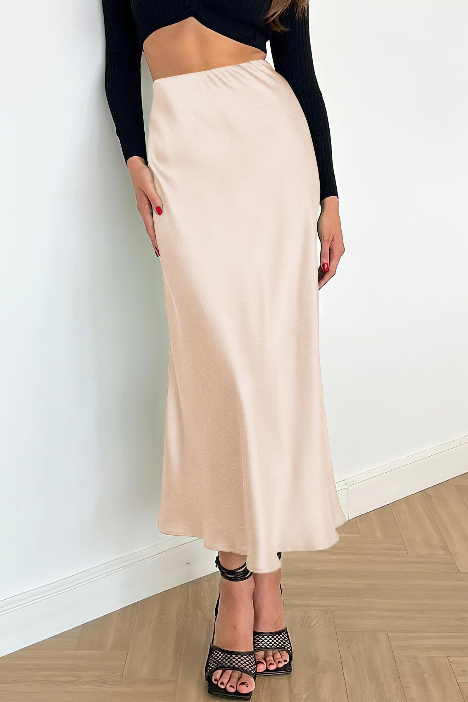 Women's Satin Midi Skirts Dressy Casual,Beige,S
