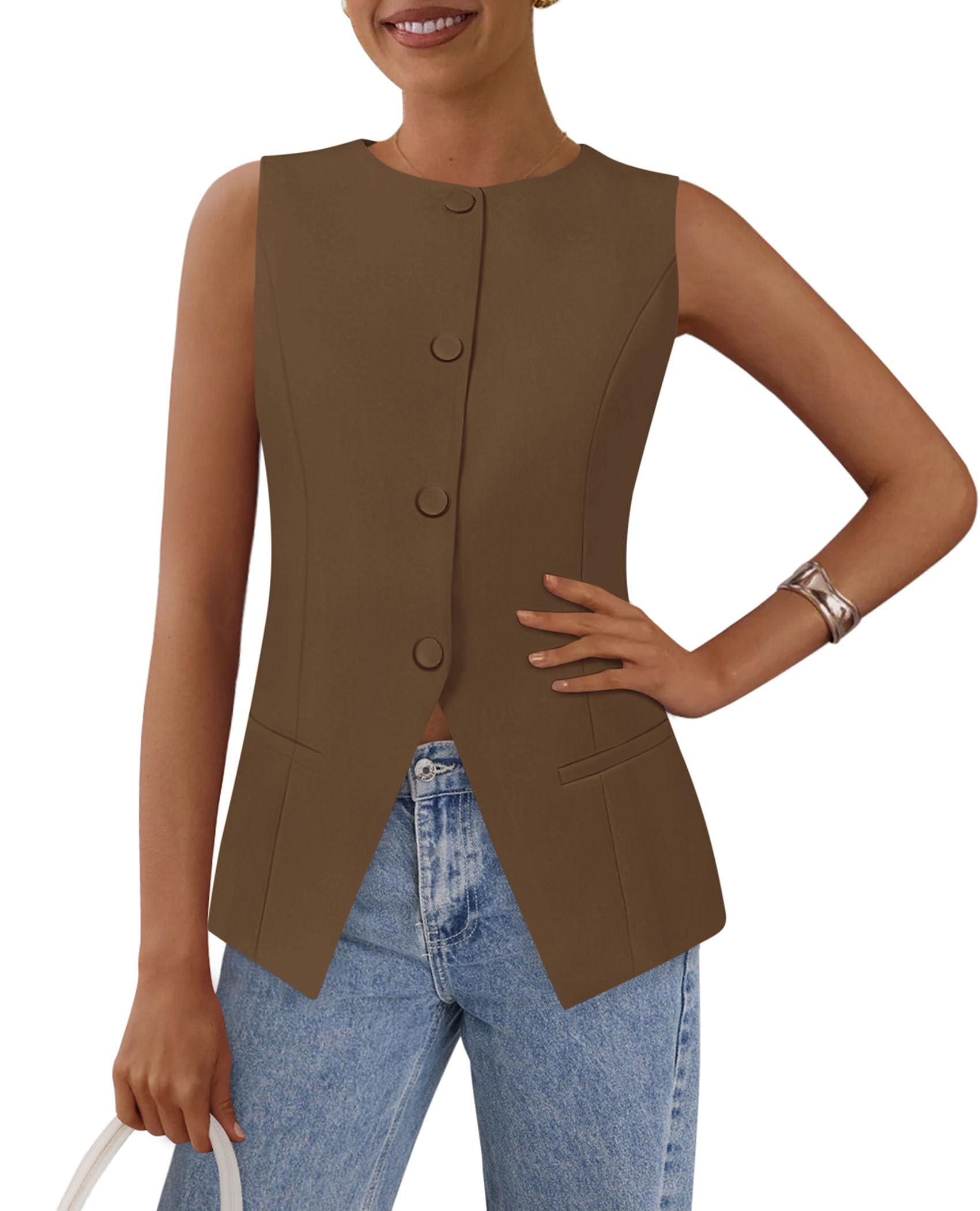 Women Tailored Suit Vest Business Casual Tops, Coffee,S