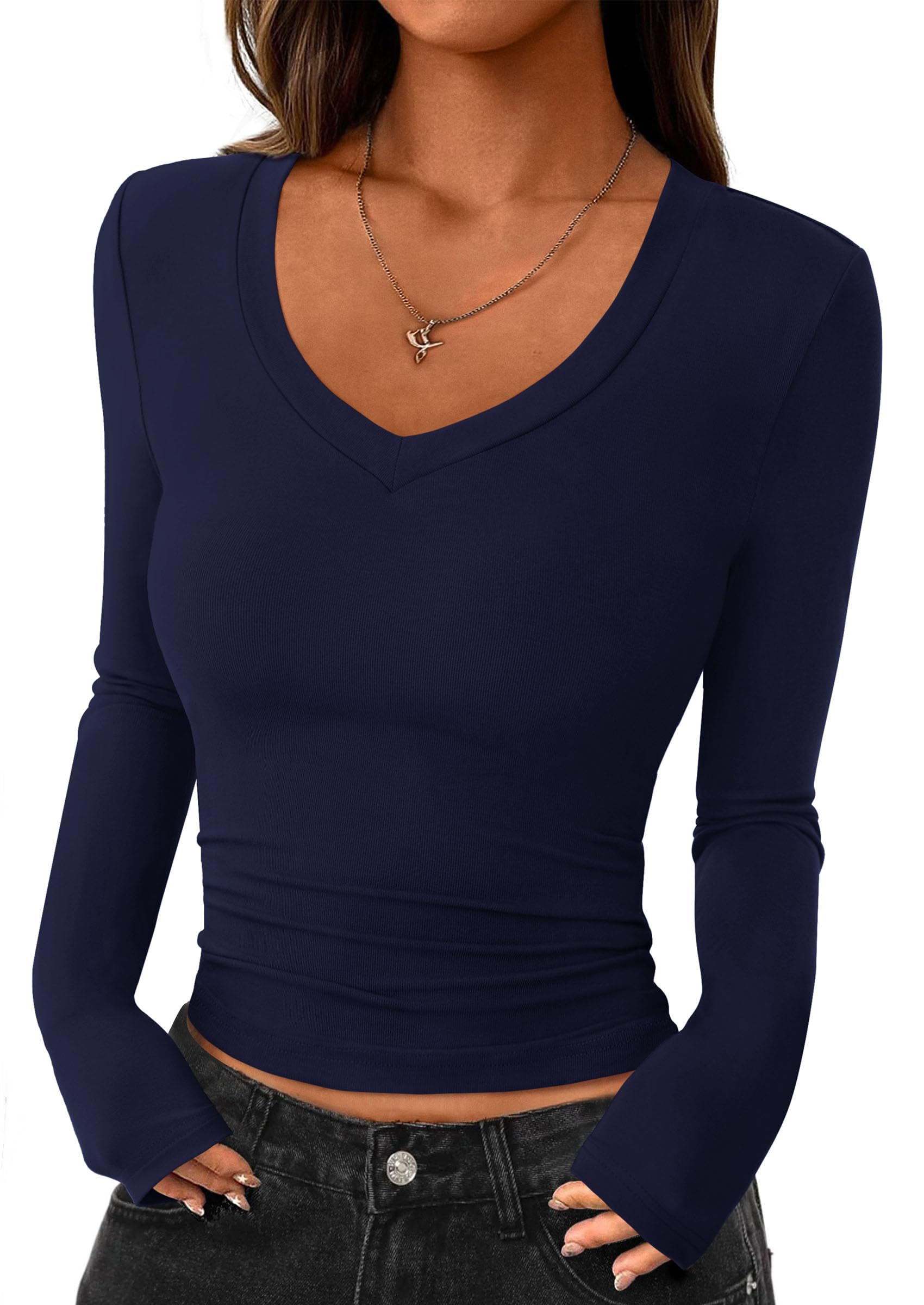 Womens Long Sleeve Slim Fit Crop Tops,Navy Blue,XS