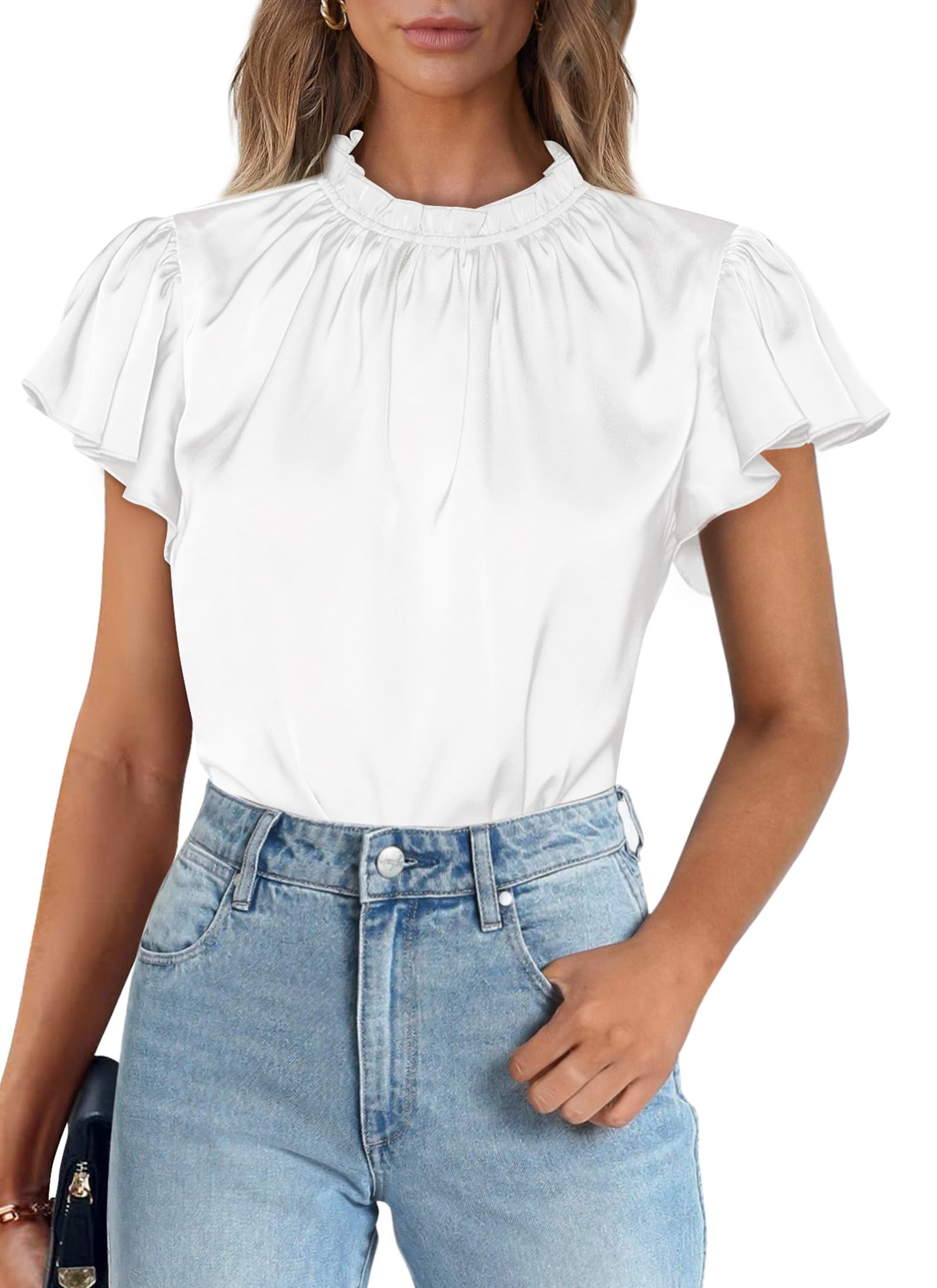 Women's Satin Tops Business Casual Work Blouses, White,M