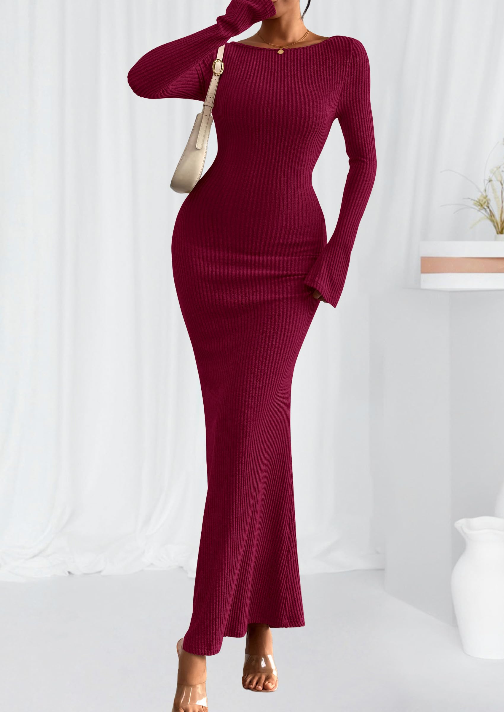 Women's Fall Long Sleeve Bodycon Maxi Dresses (Burgundy,XS)