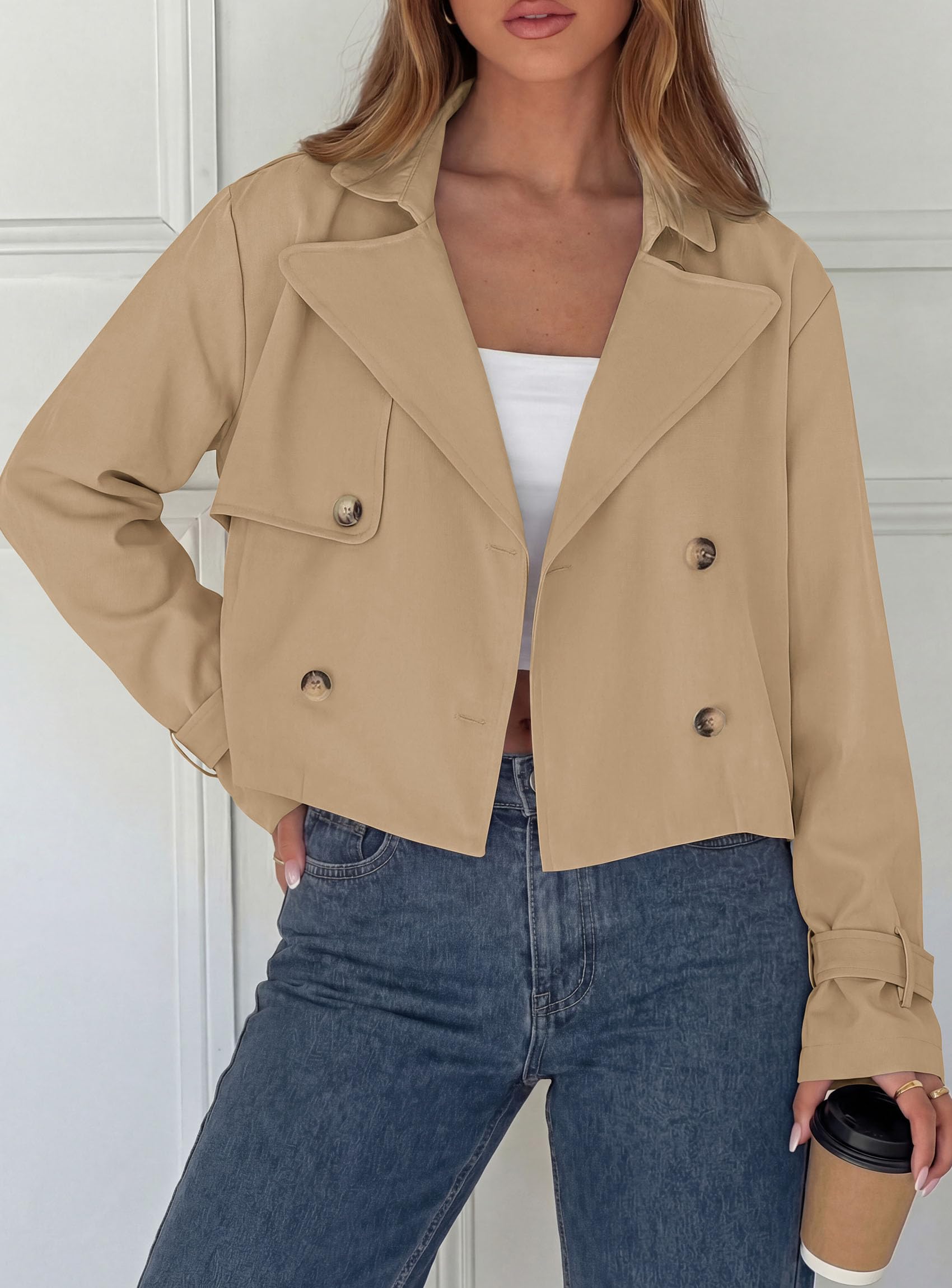Cropped Trench Coat For Women Short Jacket,Khaki,S